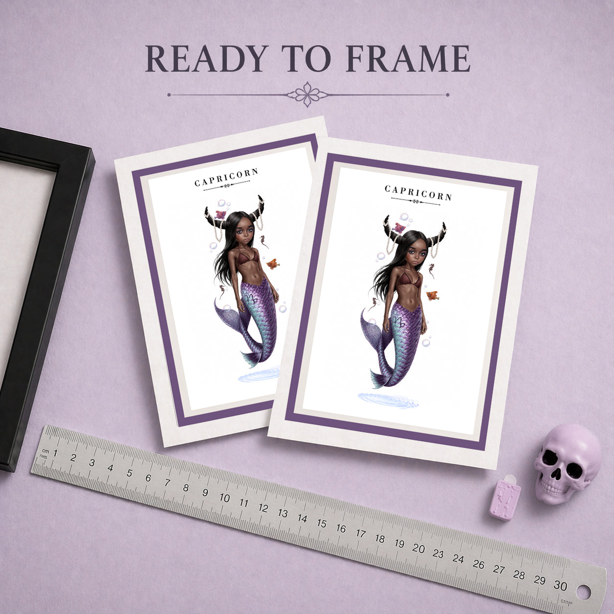 Ready To Frame Capricorn zodiac birthday card featuring an illustration of a mermaid with dark skin, goat horns draped in pearls, and a iridescent purple fish tail.