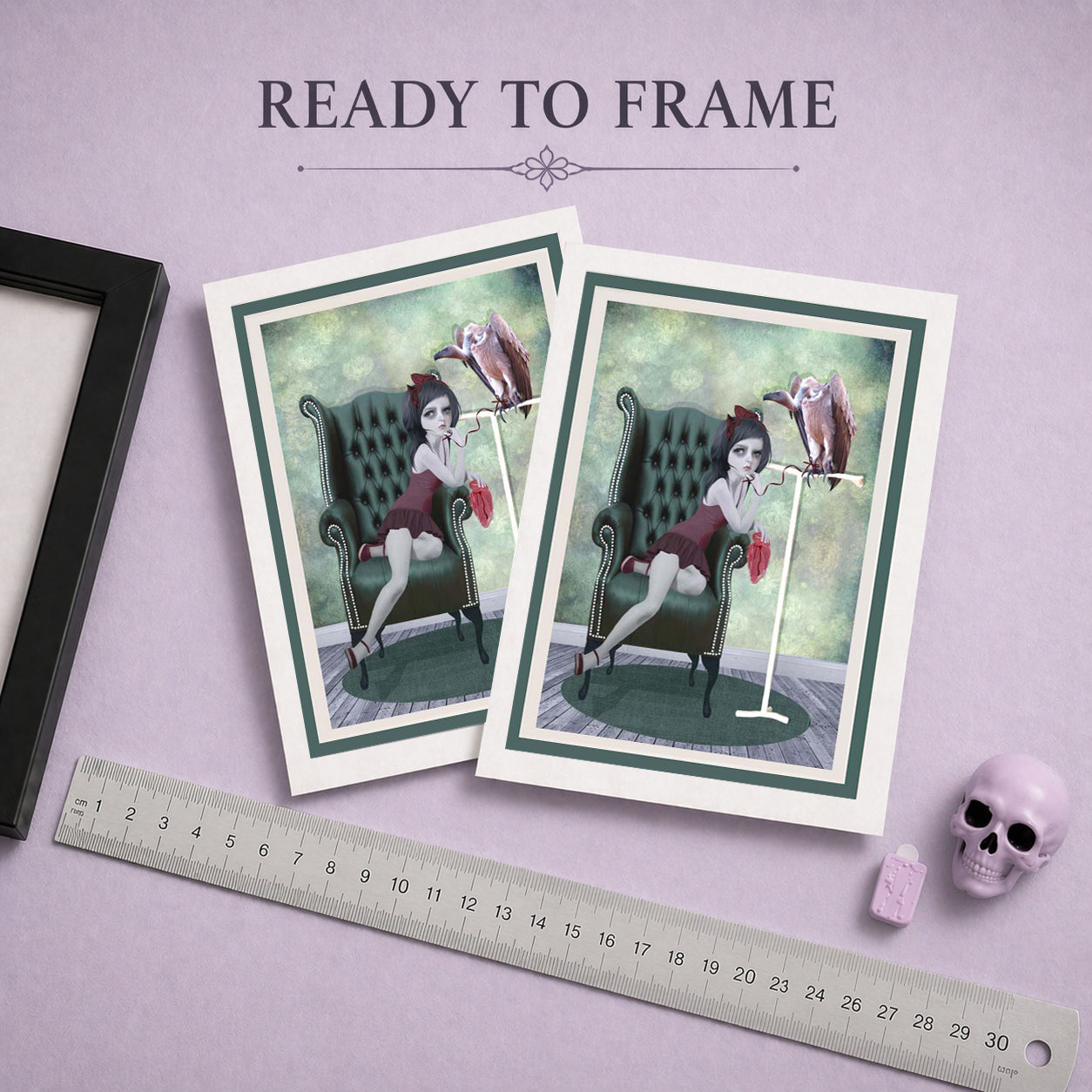 Blank macabre greeting card ready to frame featuring a dark surrealism illustration of a girl, a vulture, and raw meat.