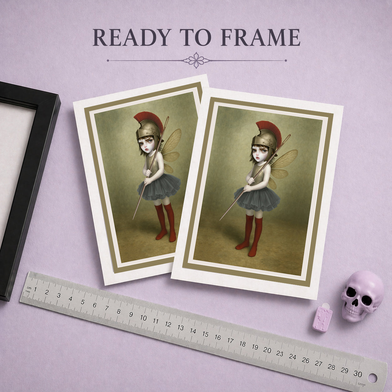 Ready to frame surreal art greeting card. Featuring a fierce, big-eyed dark fairy dressed as an ancient warrior—complete with a plumed Roman helmet and a sewing needle spear.
