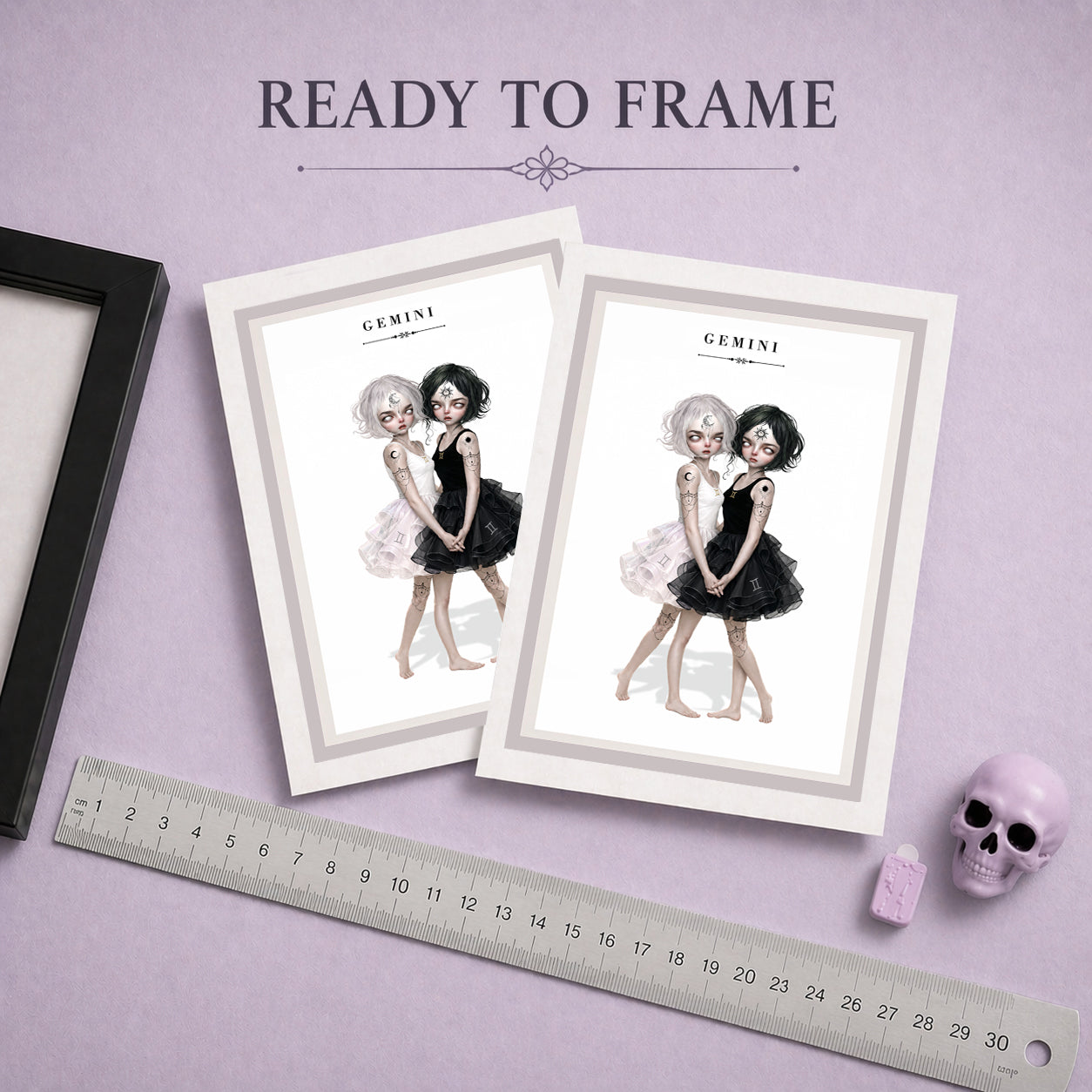 Ready To Frame Gemini zodiac birthday card featuring an illustration of twin maidens holding hands—one with white hair in a light dress and one with black hair in a dark dress.