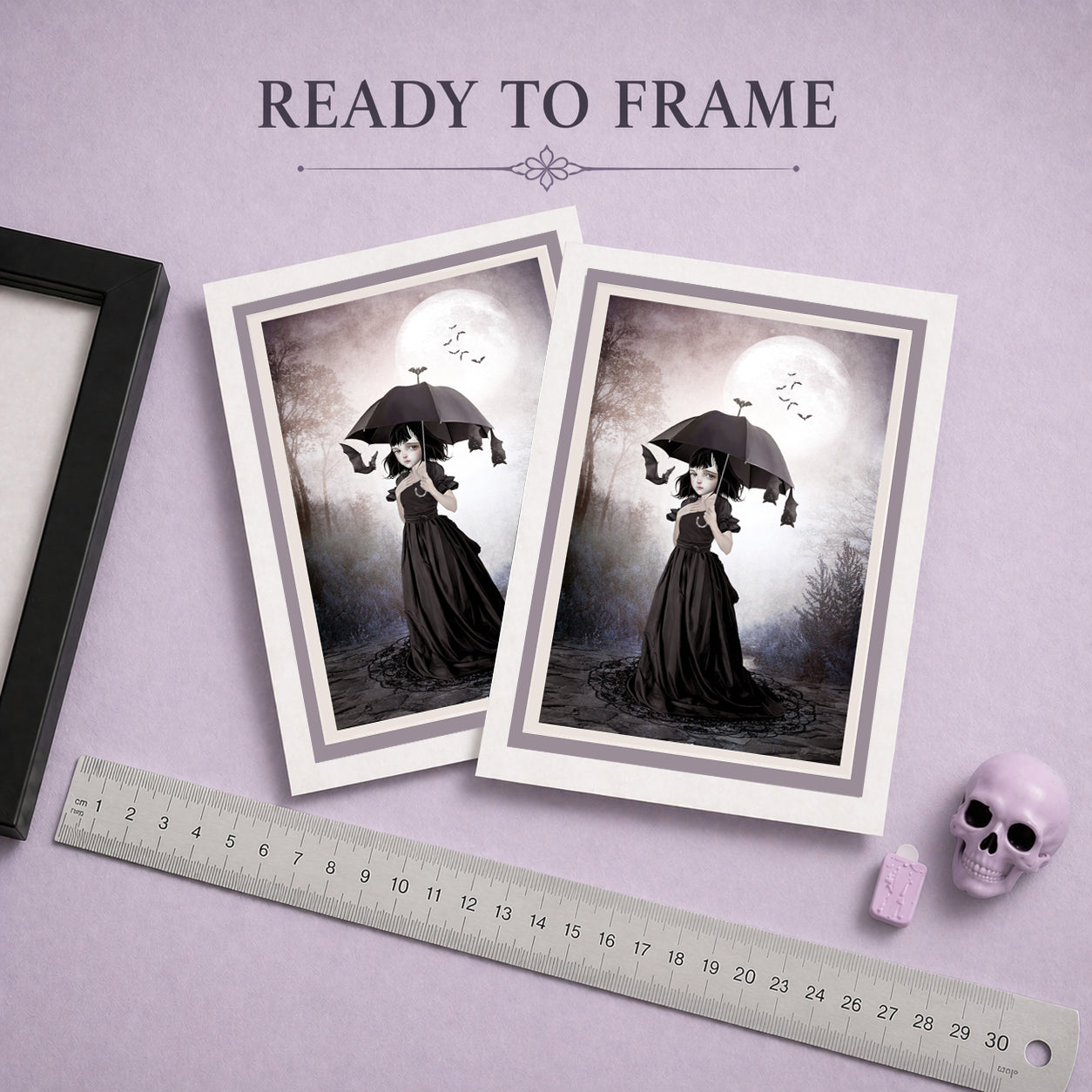 Ready to frame gothic greeting card featuring a whimsical dark fantasy illustration of a girl with bats under a full moon.