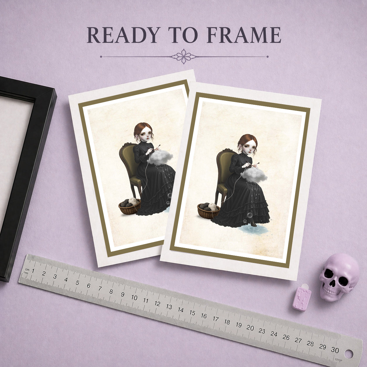 Ready to frame alternative art greeting card featuring a dark whimsy pop surrealism illustration of a girl knitting a raincloud while sitting on a vintage chair.