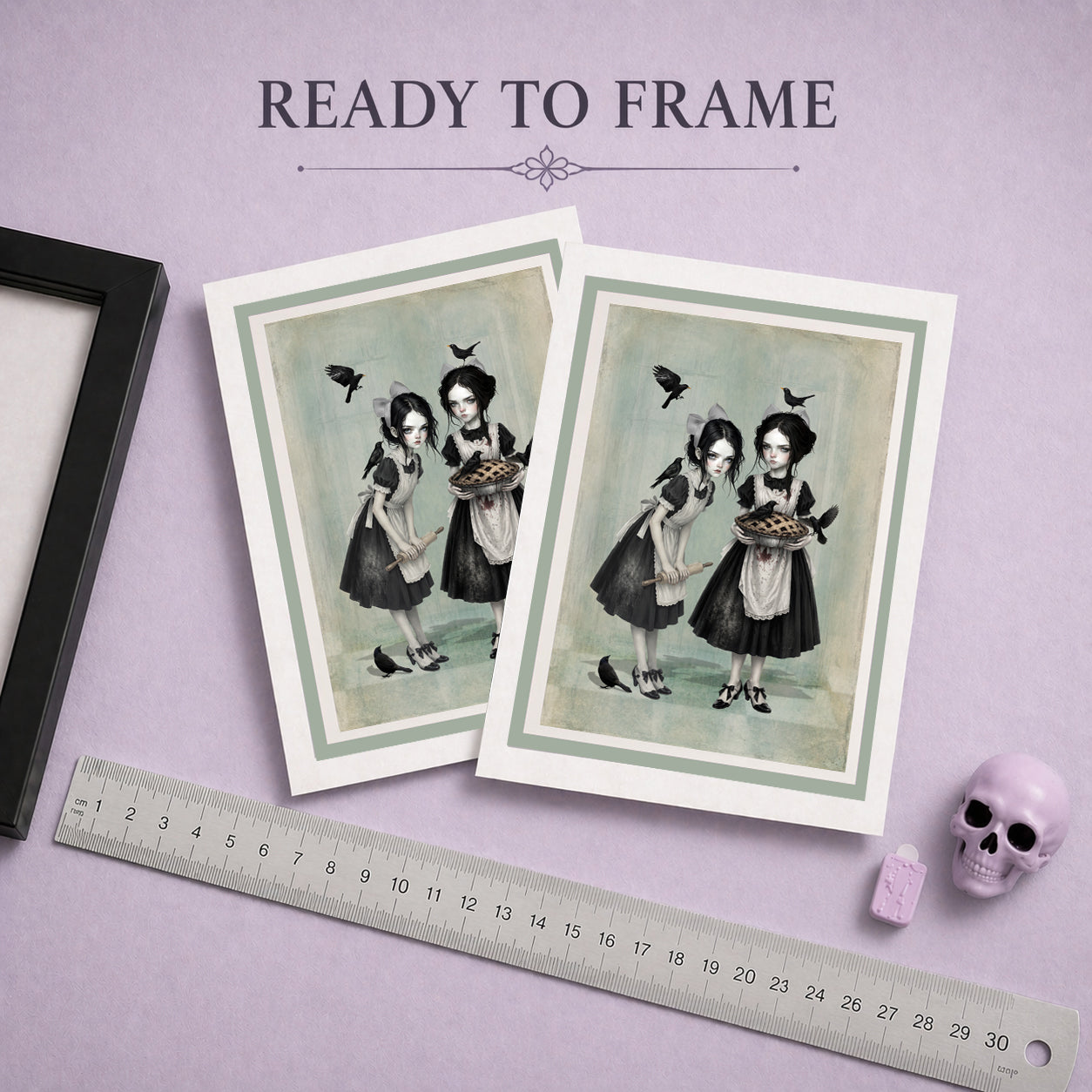 Ready to frame art greeting card featuring twin gothic girls with blackbirds and a pie in a dark cottagecore style.