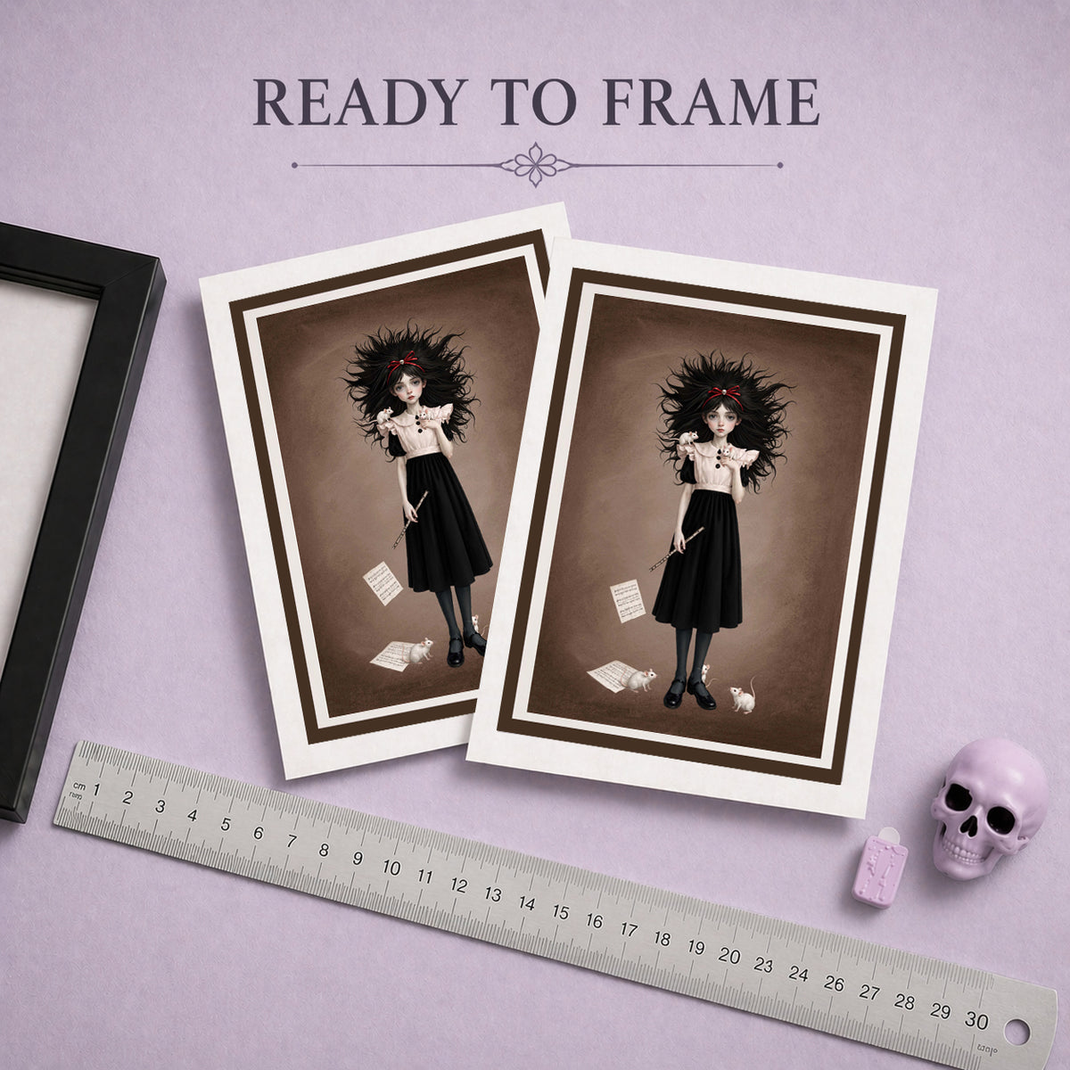 Ready to frame blank gothic art greeting card featuring a girl holding a flute with white mice perched on her dress.