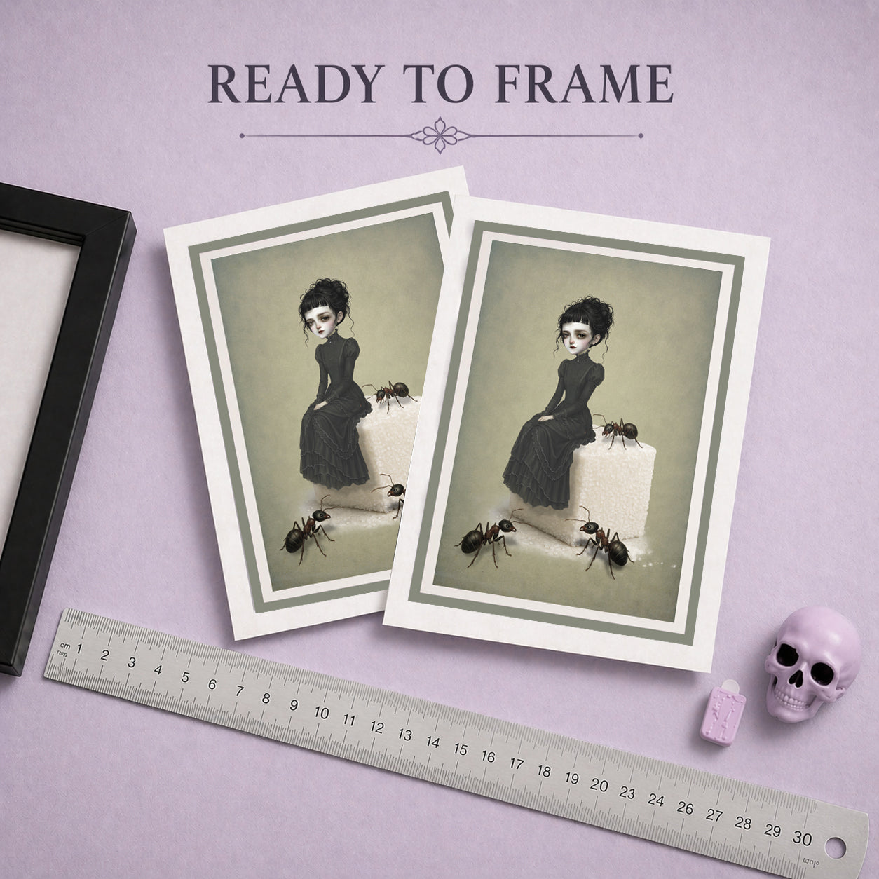 Ready To Frame Alternative art greeting card  featuring a dark whimsy pop surrealism illustration of a girl on a giant sugar cube with large ants.