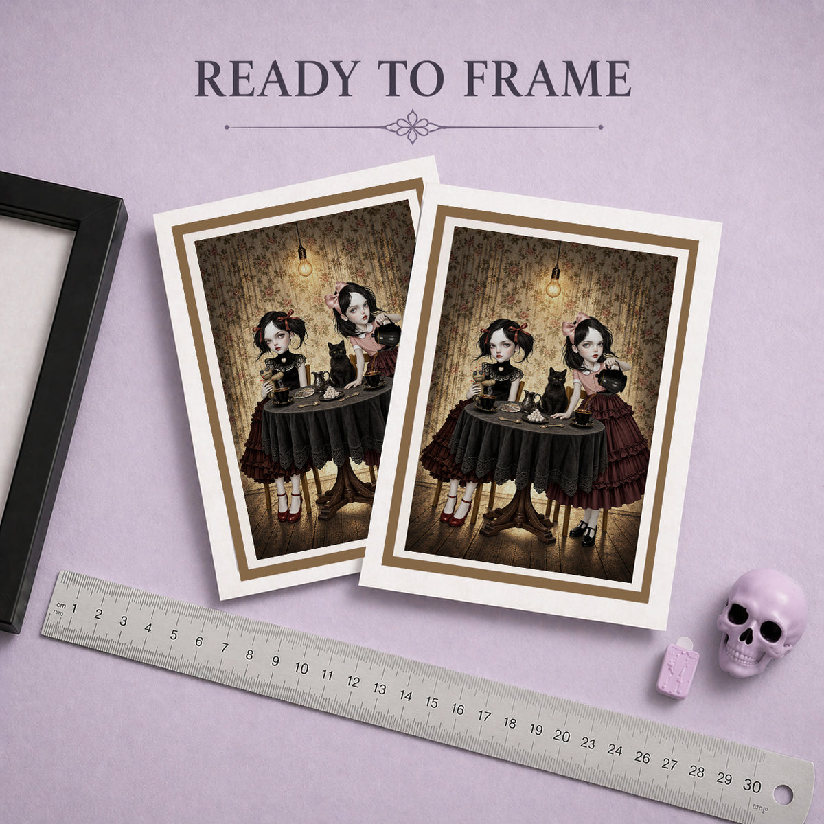 Ready to frame art greeting card with a dark gothic tea party artwork framed in gold, displayed on a purple backdrop