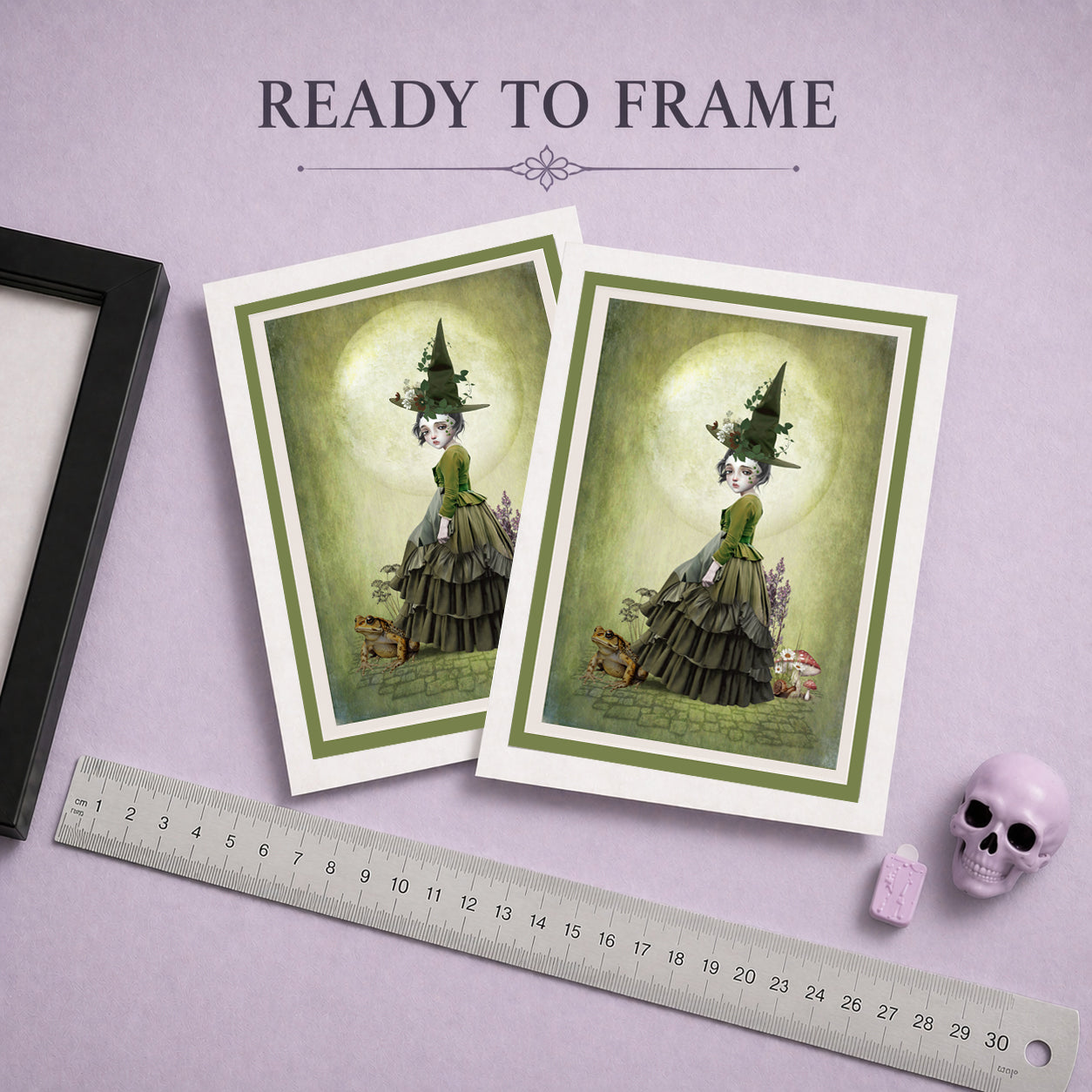 Green witch and toad art greeting card ready to frame. Blank inside for your own message and perfectly sized for framing as a mini print.