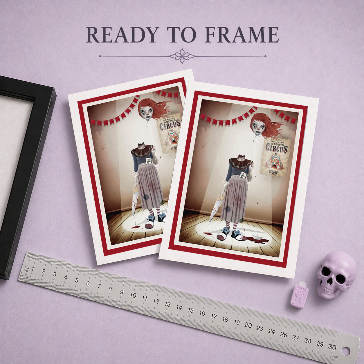 Headless Clown Girl With Hand Saw Art Greeting Card, Card can be framed as art