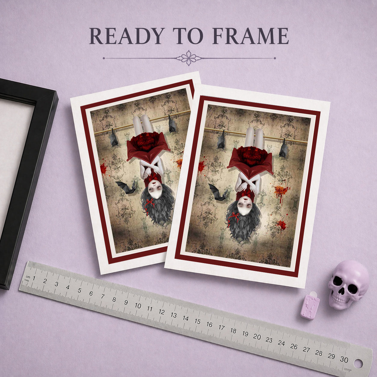 Moody vampire girl surrounded by bats in creepy cute style, ready to frame.