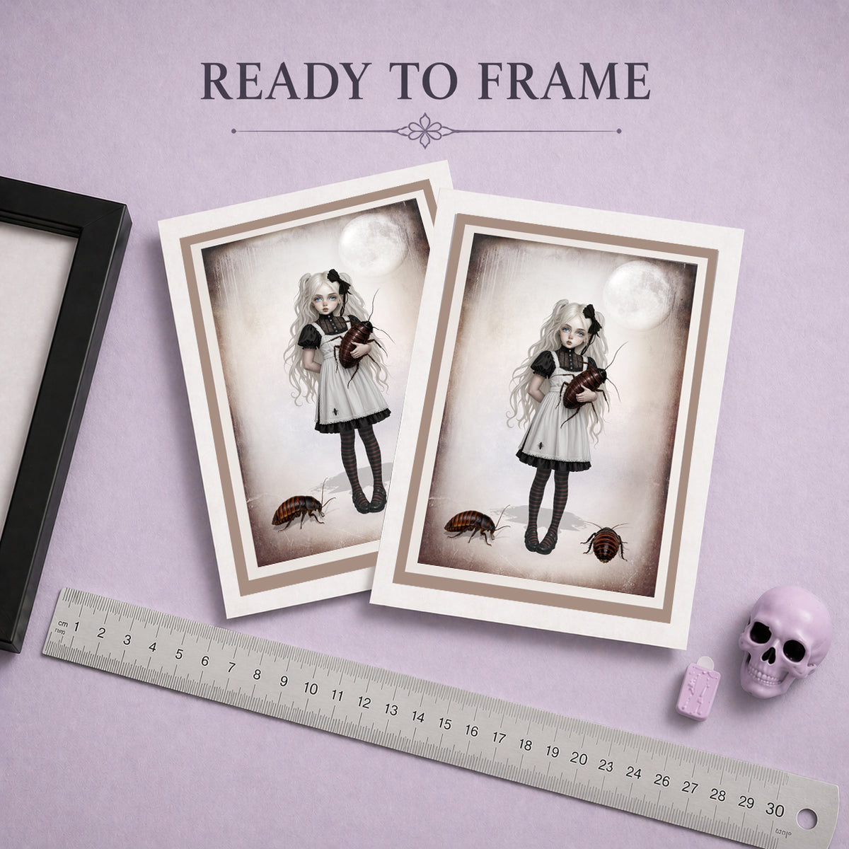 Ready to frame greeting card, featuring dark surrealism art of a gothic girl holding a giant cockroach