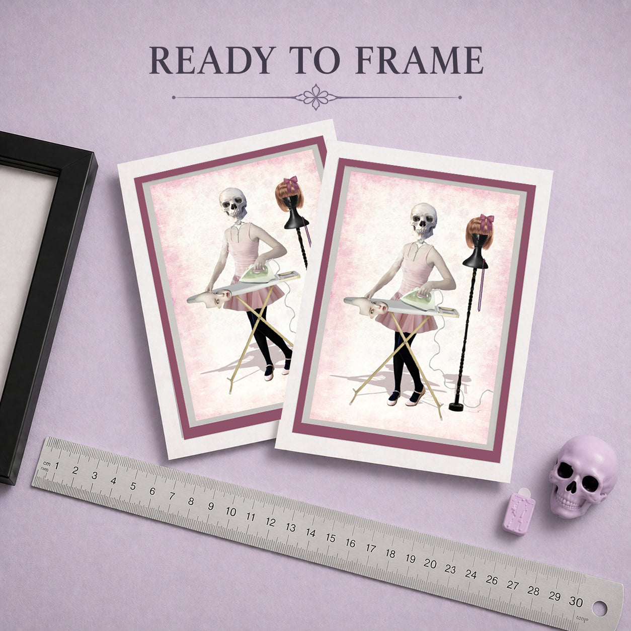 Surreal Skeleton Girl Greeting Card ready to frame.