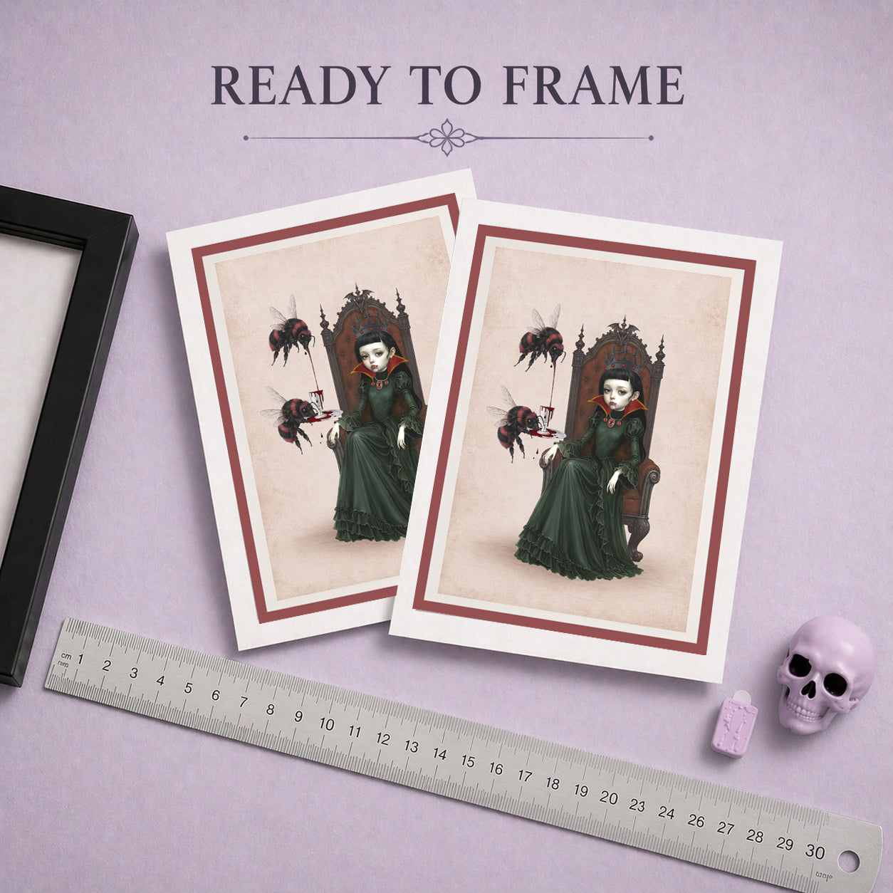 Ready to frame art greeting card featuring a gothic vampire queen on a throne with large red and black bumblebees, blank inside.