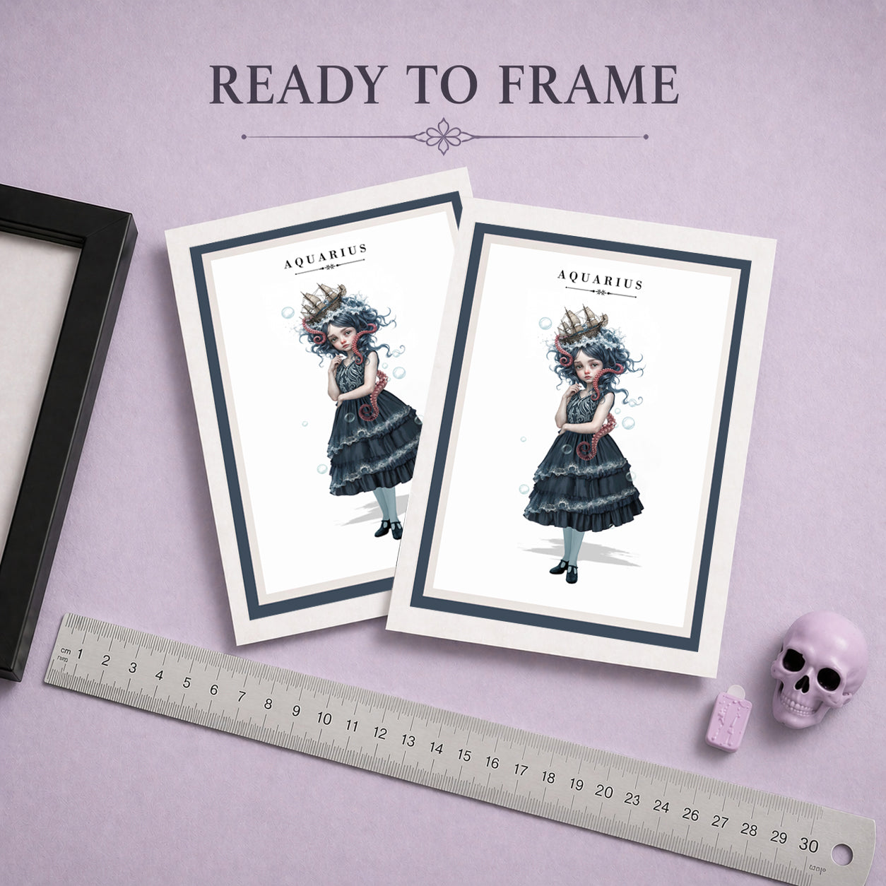 Ready to frame Aquarius zodiac birthday card a featuring an illustration of a dark-haired maiden with wild wave hair topped with a miniature ship and an octopus tentacle around her shoulder. 