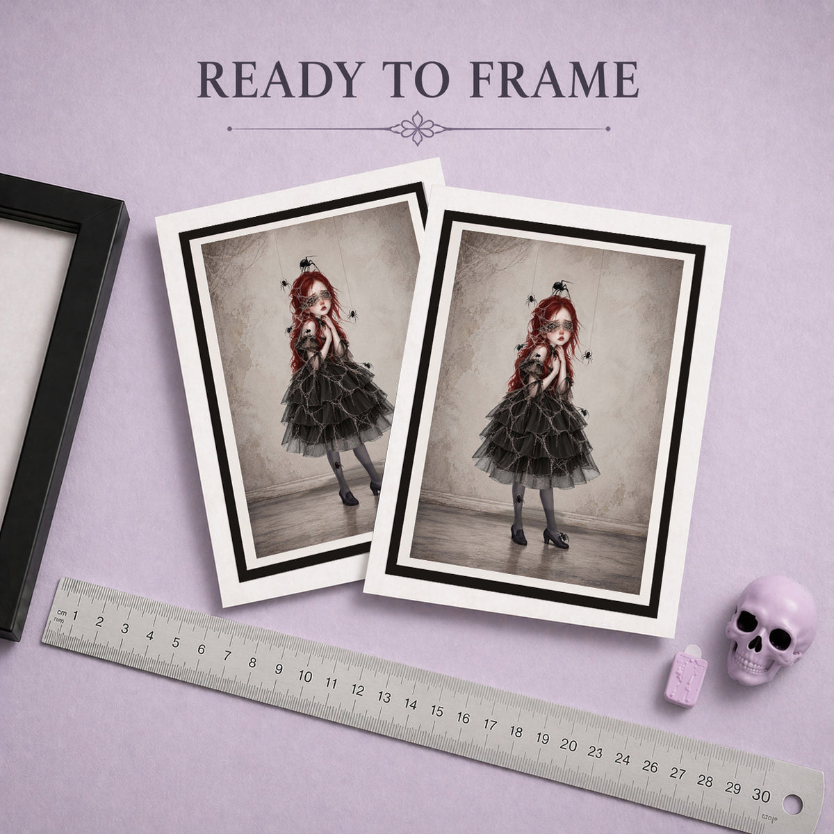 Ready to frame goth art greeting card of a Victorian-style girl with spiderwebs over her eyes and black spiders crawling on her dress.