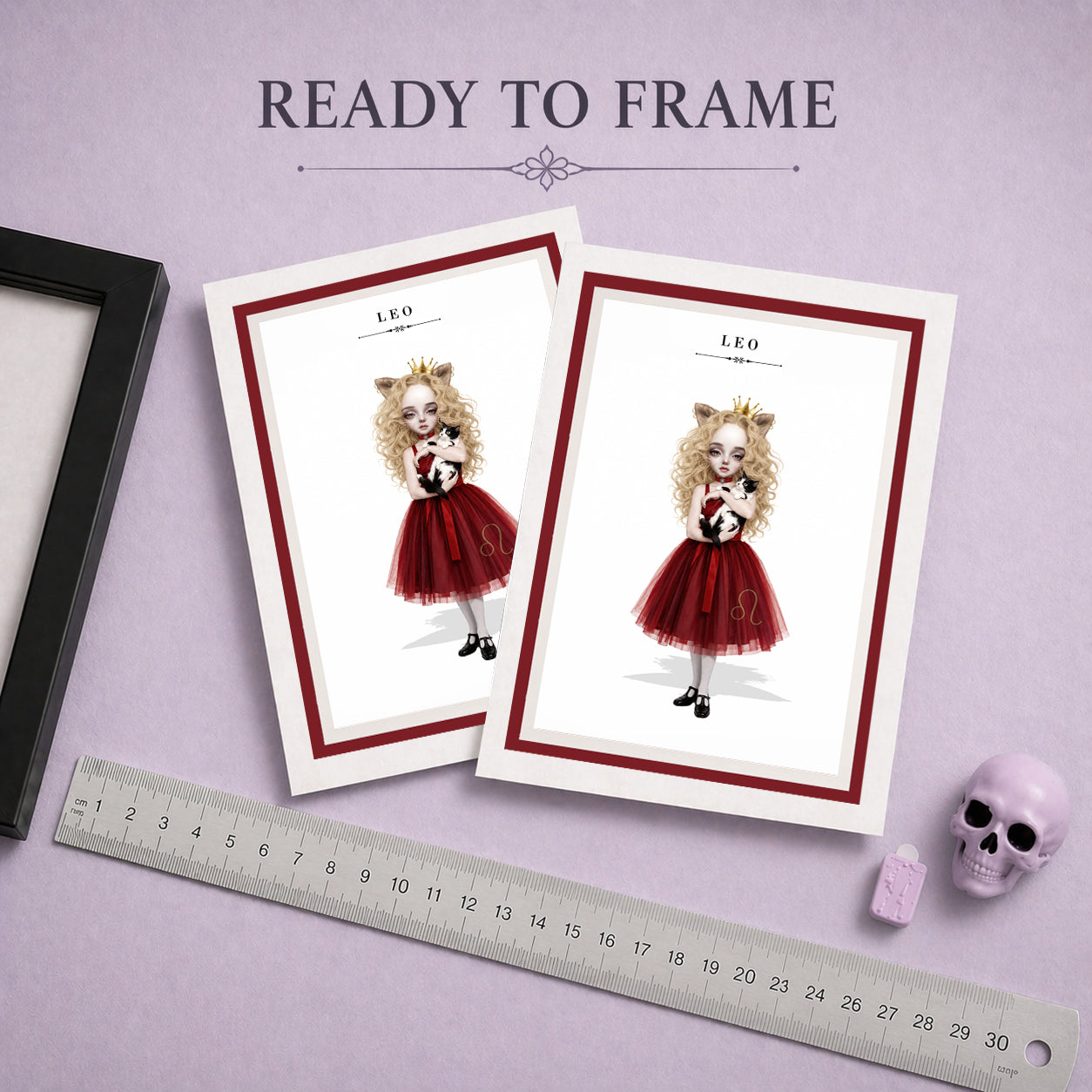 Ready to frame Leo zodiac birthday card featuring an illustration of a blonde maiden with lion ears and a gold crown, wearing a red dress and holding a cat.