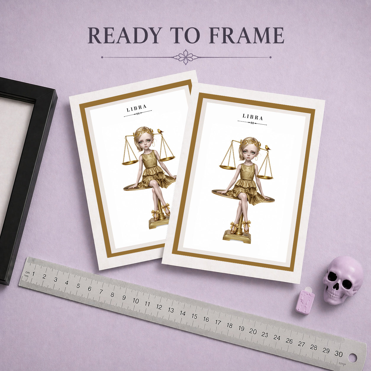 Ready to frame Libra zodiac birthday card  featuring an illustration of a blonde maiden in a metallic gold dress sitting atop a golden balance scale with a tiny bird.