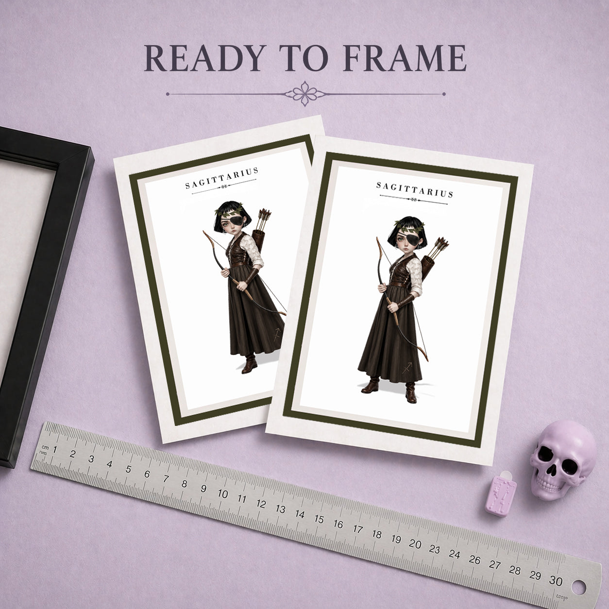 Ready to frame Sagittarius zodiac birthday card and envelope featuring an illustration of a short-haired maiden archer with an eyepatch, holding a bow and arrow quiver