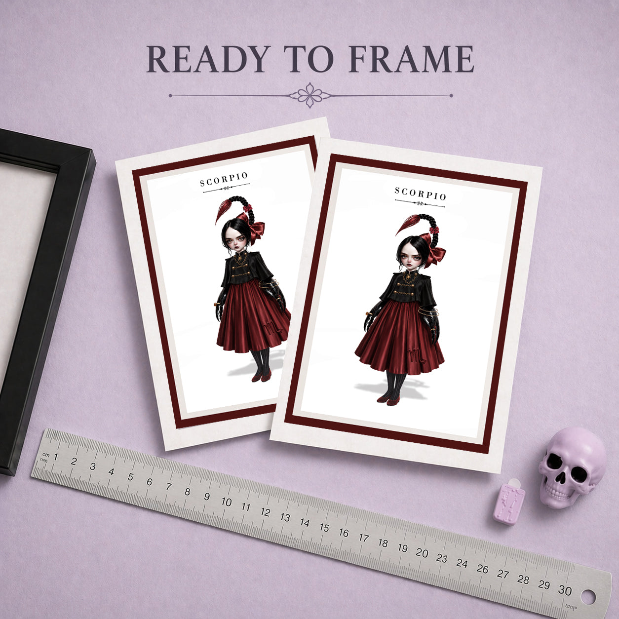 Ready to frame Scorpio zodiac birthday card featuring an illustration of a gothic maiden with dark hair styled into a scorpion tail braid, wearing a black and deep red dress.