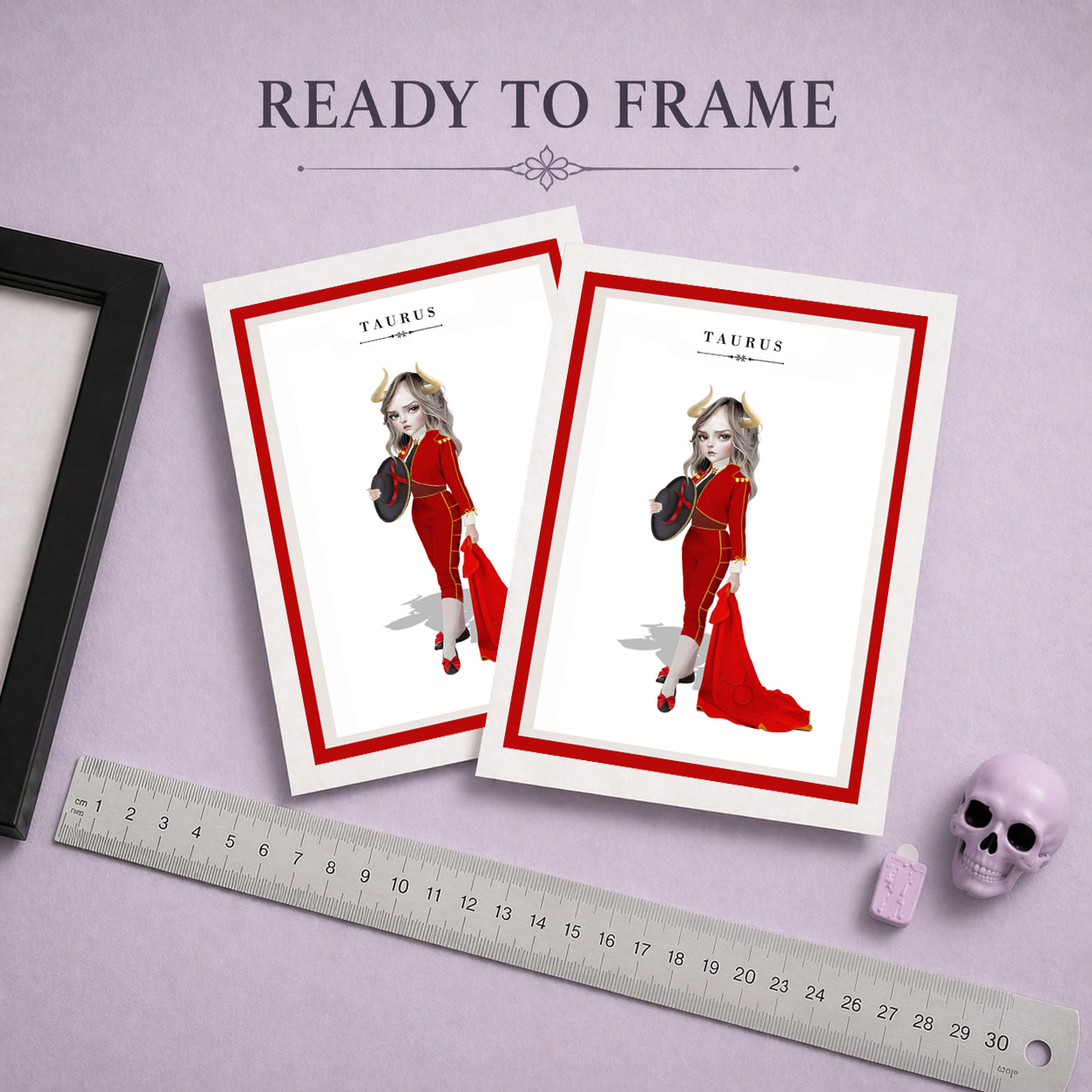 Ready to frame Taurus zodiac birthday card featuring an illustration of a horned maiden in a red matador suit holding a red cape and hat.