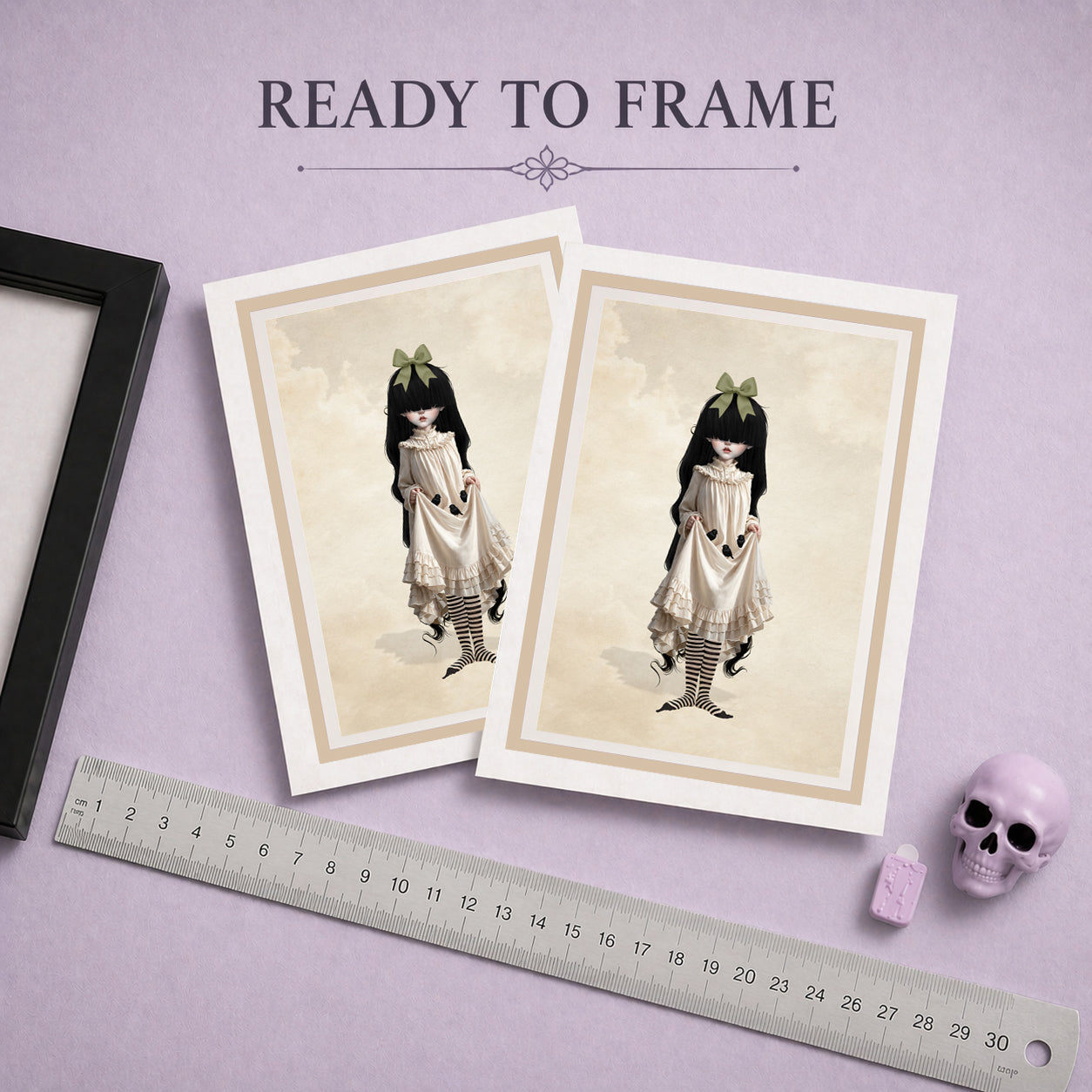 Ready to frame art greeting card with envelope featuring a gothic Victorian girl holding baby blackbirds.