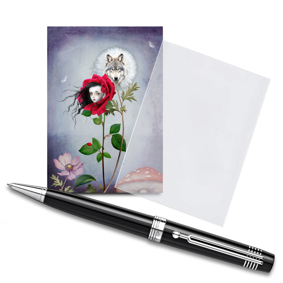 Red Riding Hood & Wolf ACEO Card in Clear Sleeve with Pen – Floral Fairy Tale Miniature Art Display