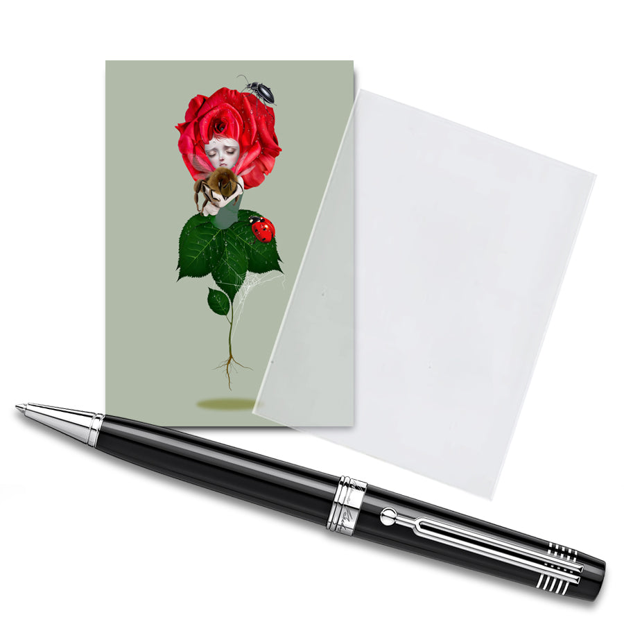 Surreal ACEO Card. This collectible miniature features a delicate red rose caressing a bumblebee.
