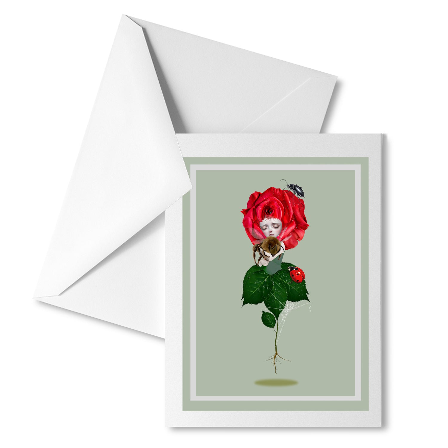 Melancholy Art greeting card features a sad red rose delicately caressing a bumblebee, capturing a heartfelt sentiment.