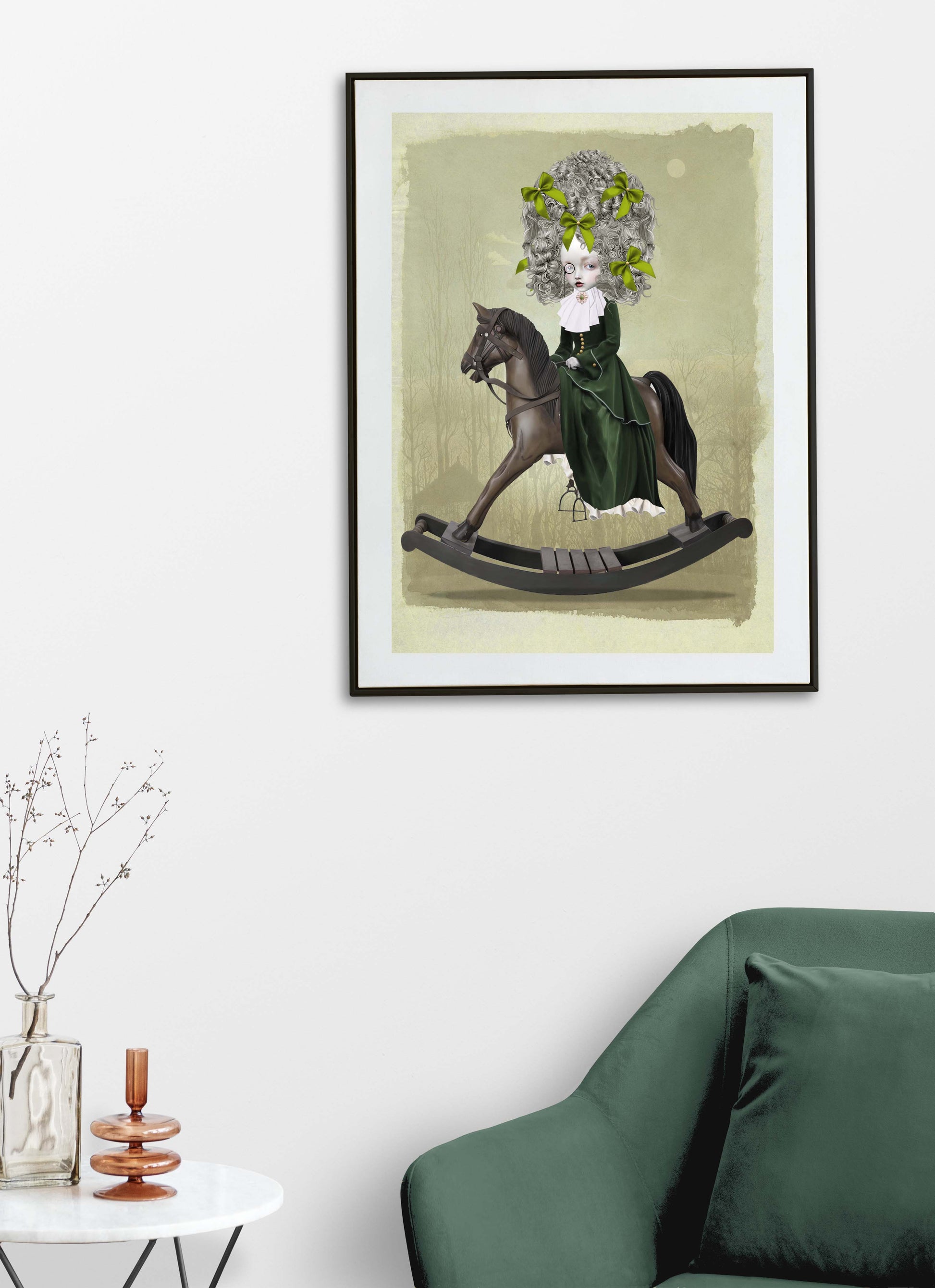 Art print featuring a rococo girl riding a rocking horse. Displayed in a tilted frame for a stylish presentation. Perfect for rococo-themed decor.