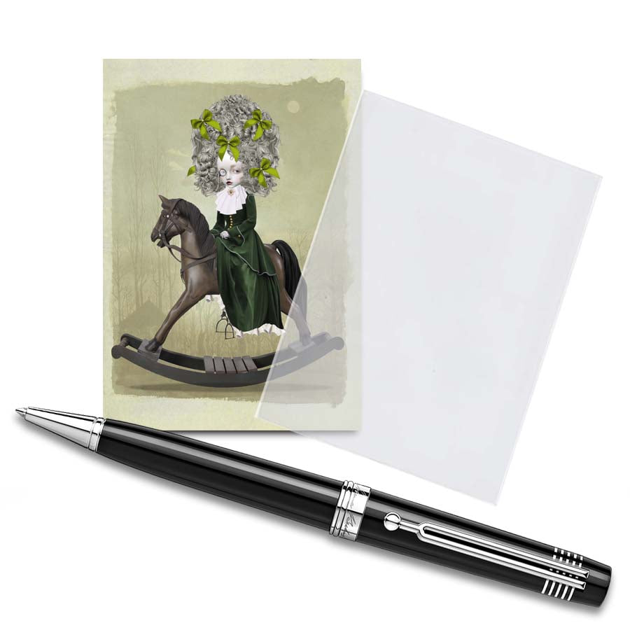 Rococo girl and rocking horse ACEO Card in Clear Sleeve with Pen – Rococo style Miniature Art Display