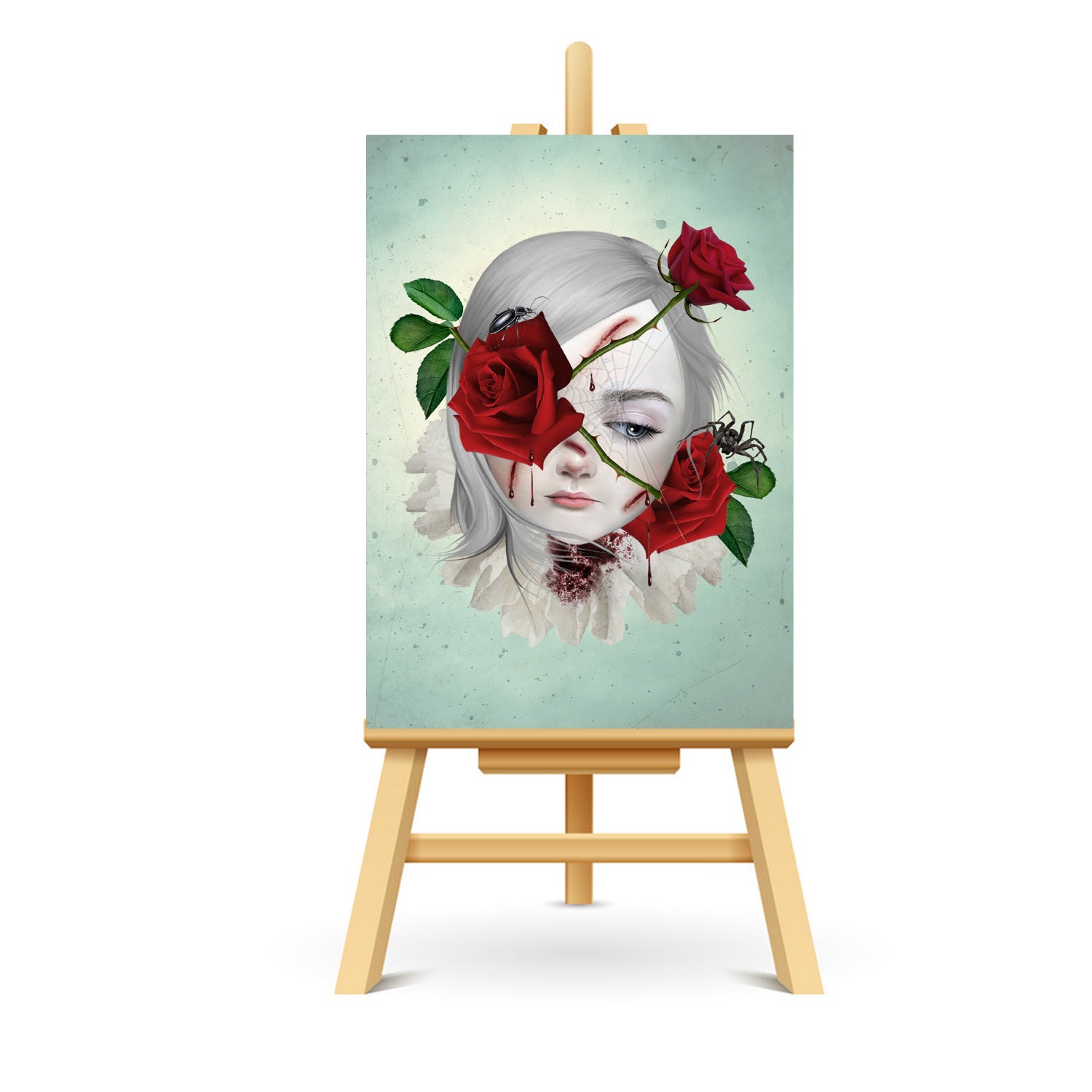 Miniature ACEO art print featuring a girl entwined with thorny roses portrait, displayed on a stand. This creepy cute artwork captures a dark yet whimsical vibe, perfect for any unique art collection. A small, collectible piece with a gothic twist.