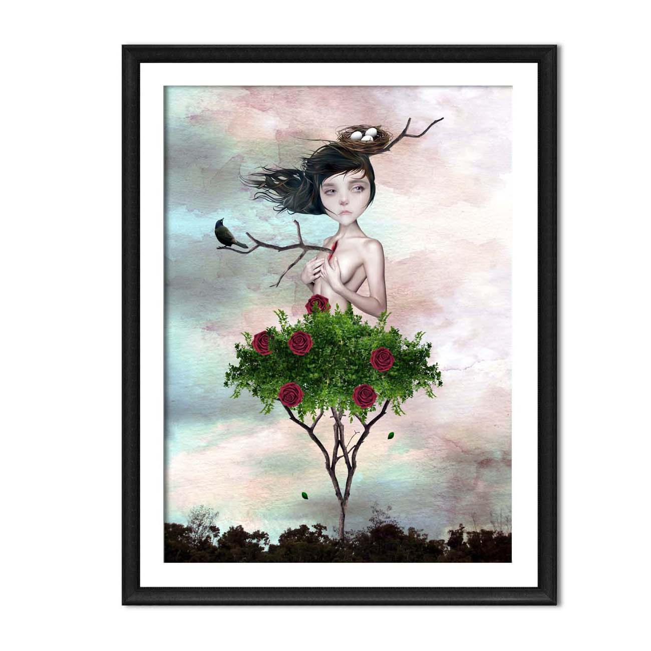 Framed Rose Bush Girl Art Print on a white background.