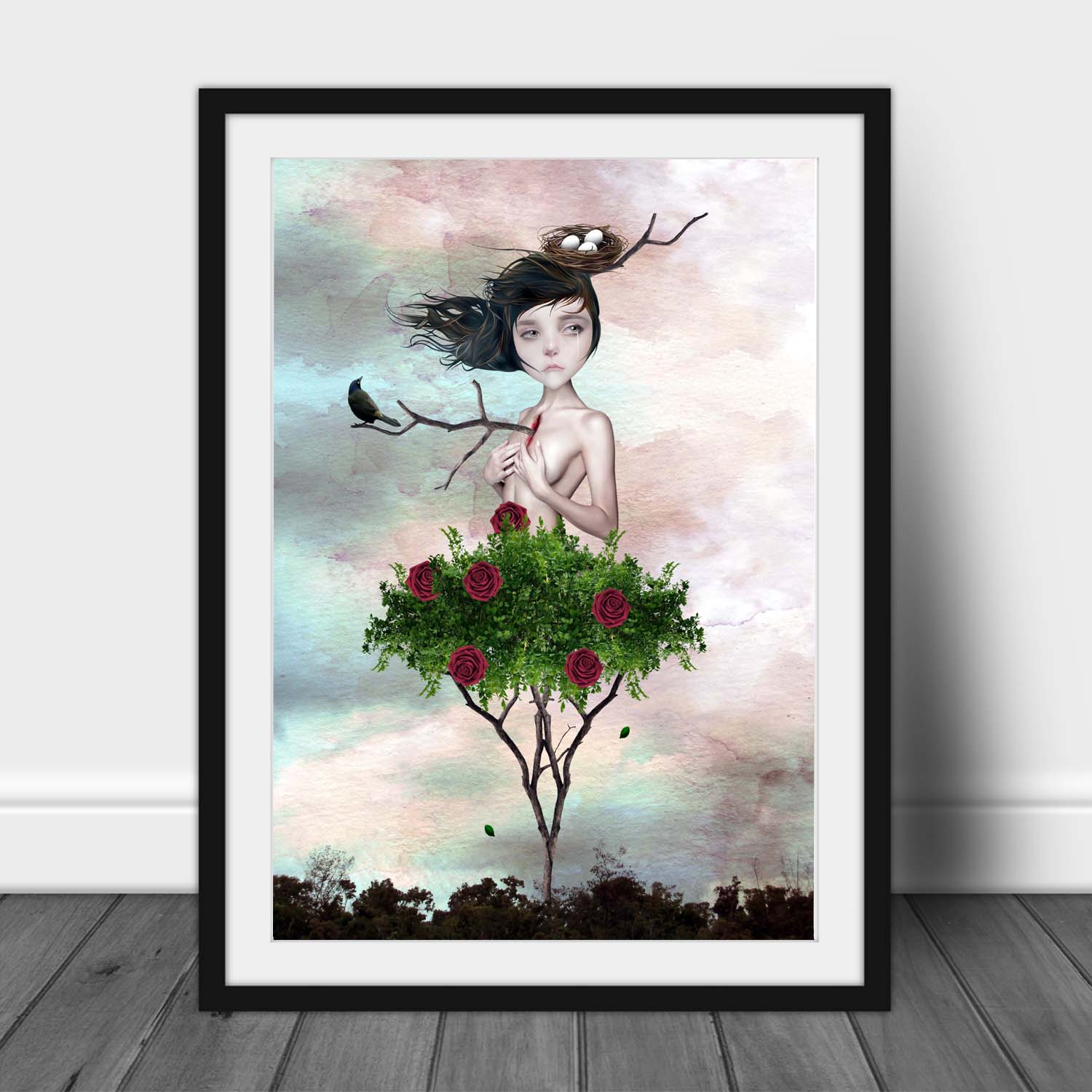 Rose Bush Girl Art Print in a black frame for display.
