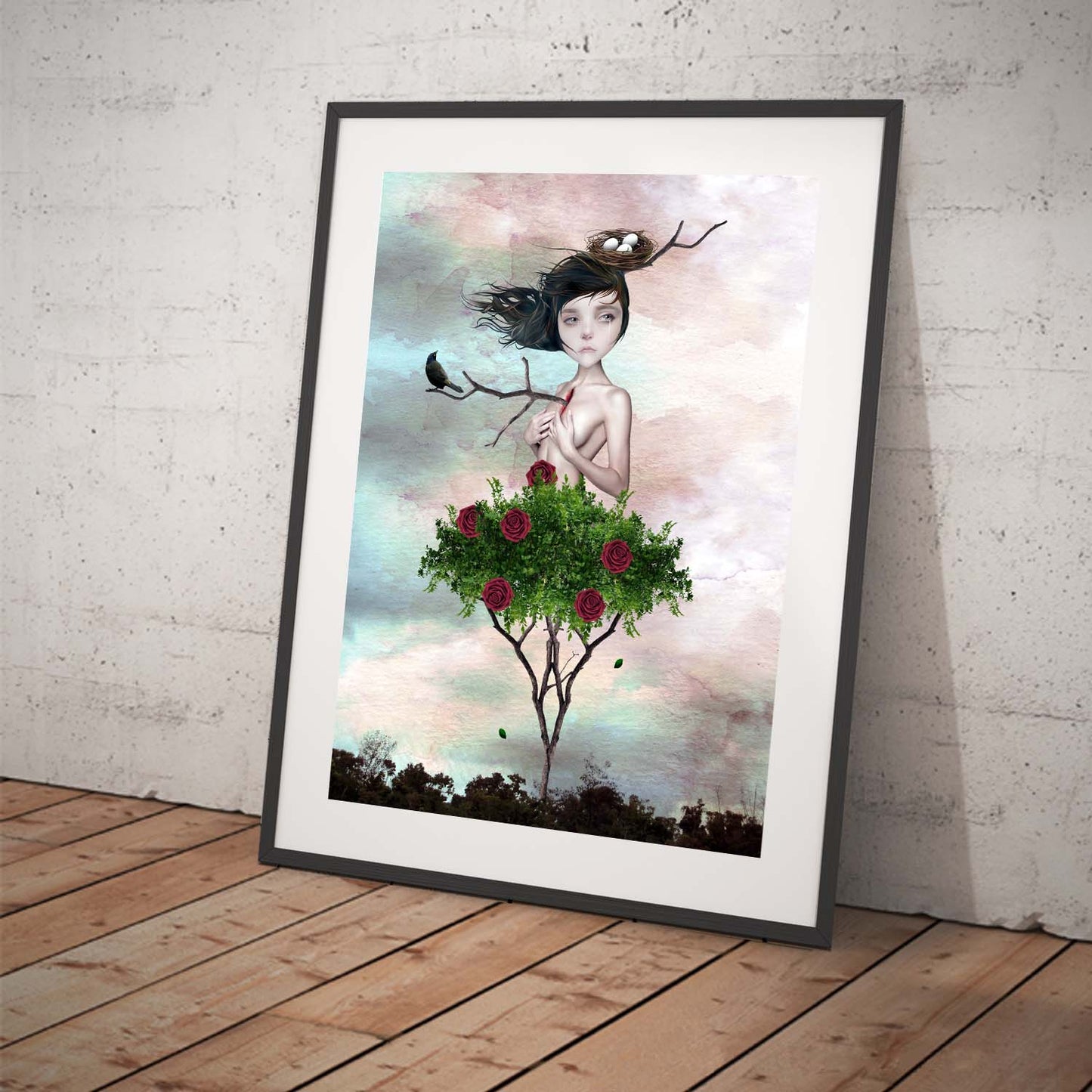 Framed Rose Bush Girl Art Print Tilted for display.
