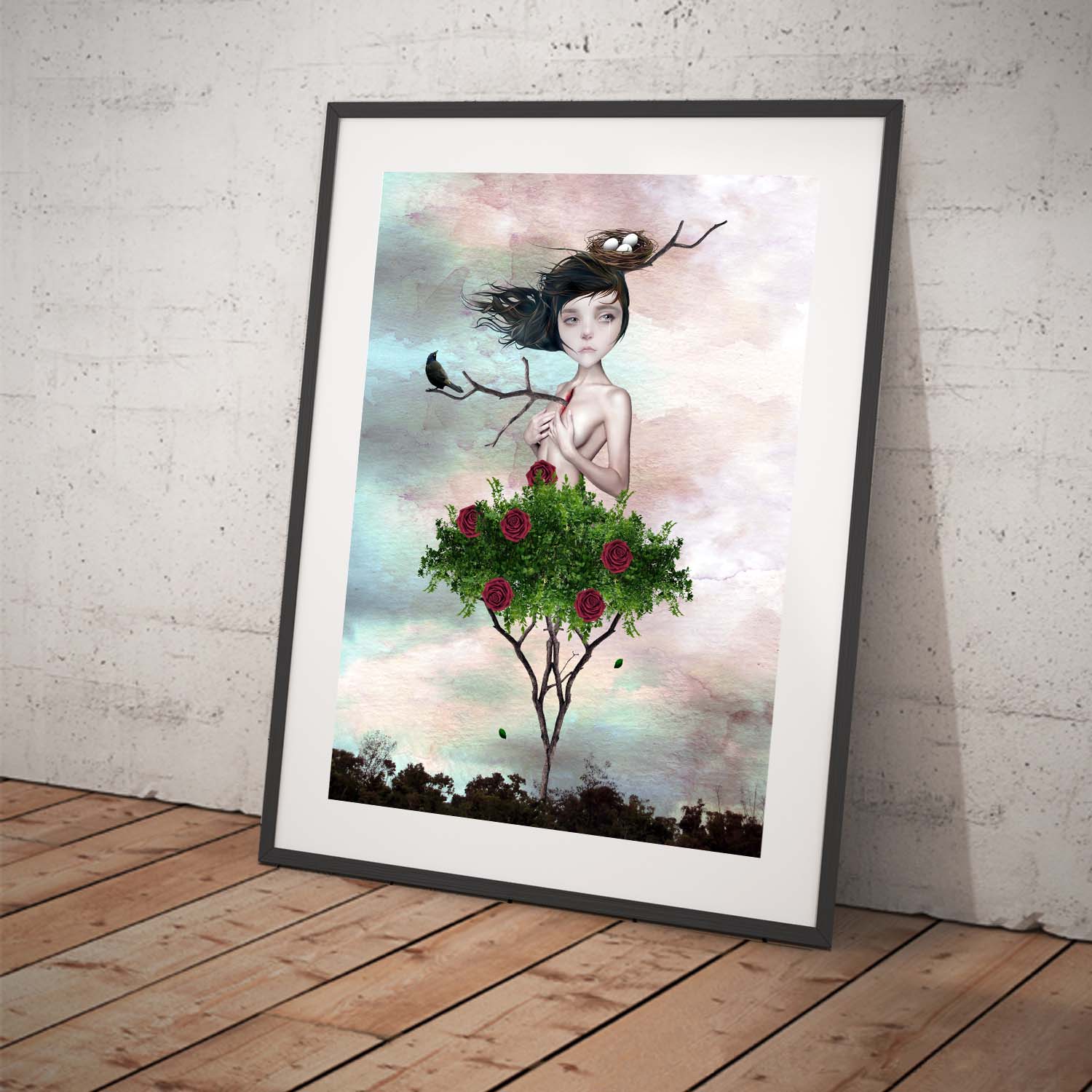 Framed Rose Bush Girl Art Print Tilted for display.