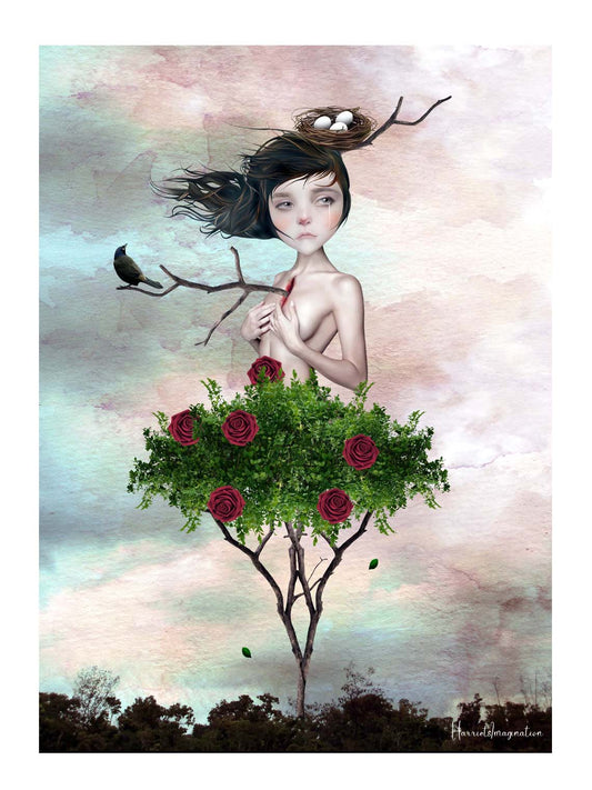 Surreal Art Print, Features a melancholic girl with a branch piercing through her chest, from the waist down she is a rose bush.