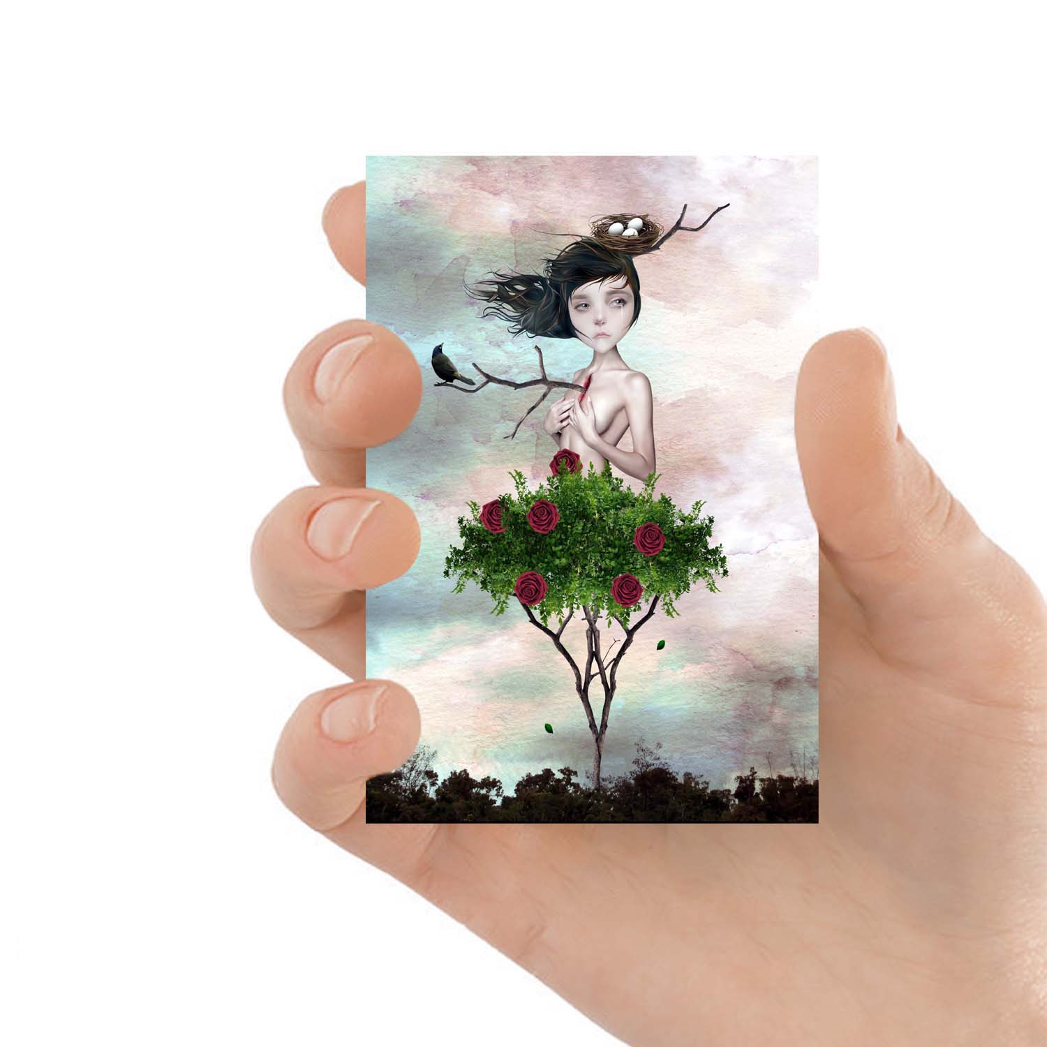 Artist trading card depicts a girl with a rose tree for legs, as a branch pierces her chest. 
