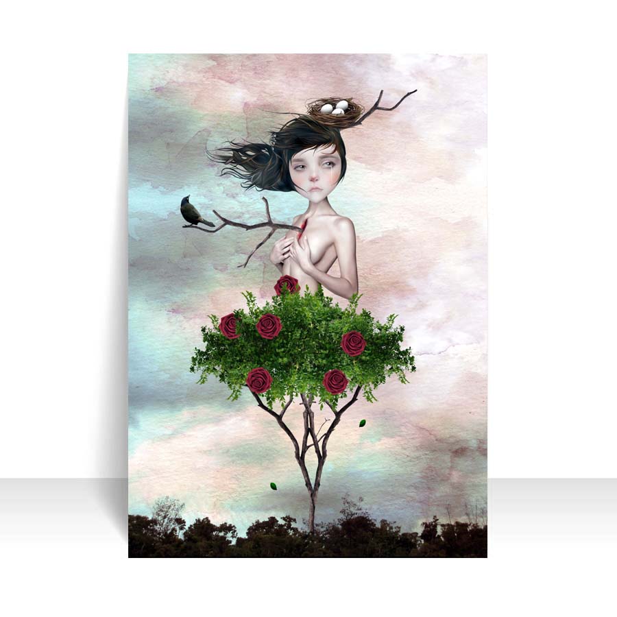 Mini print depicts a girl with a rose tree for legs, as a branch pierces her chest.