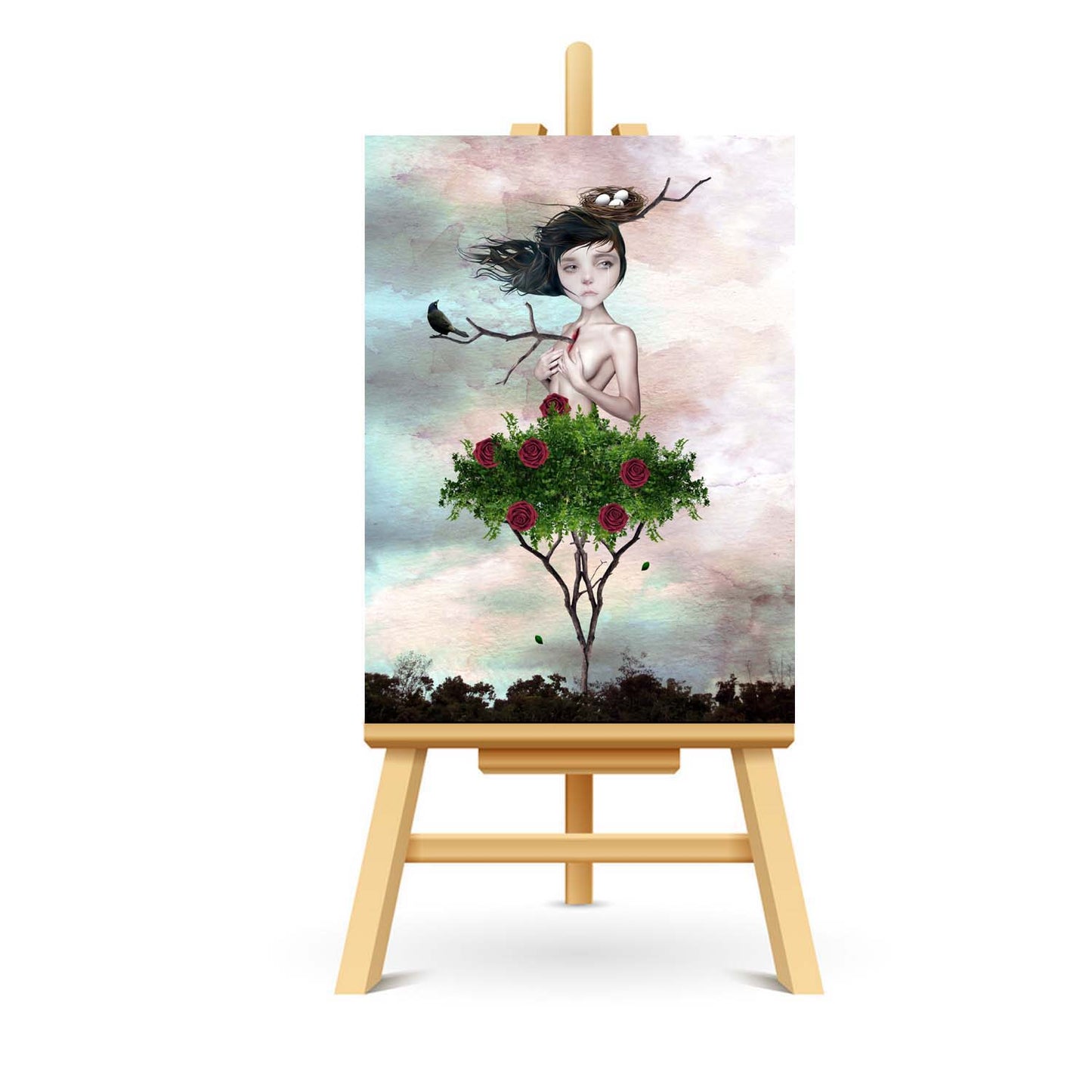 Surreal ACEO depicts a girl with a rose tree for legs, as a branch pierces her chest. 