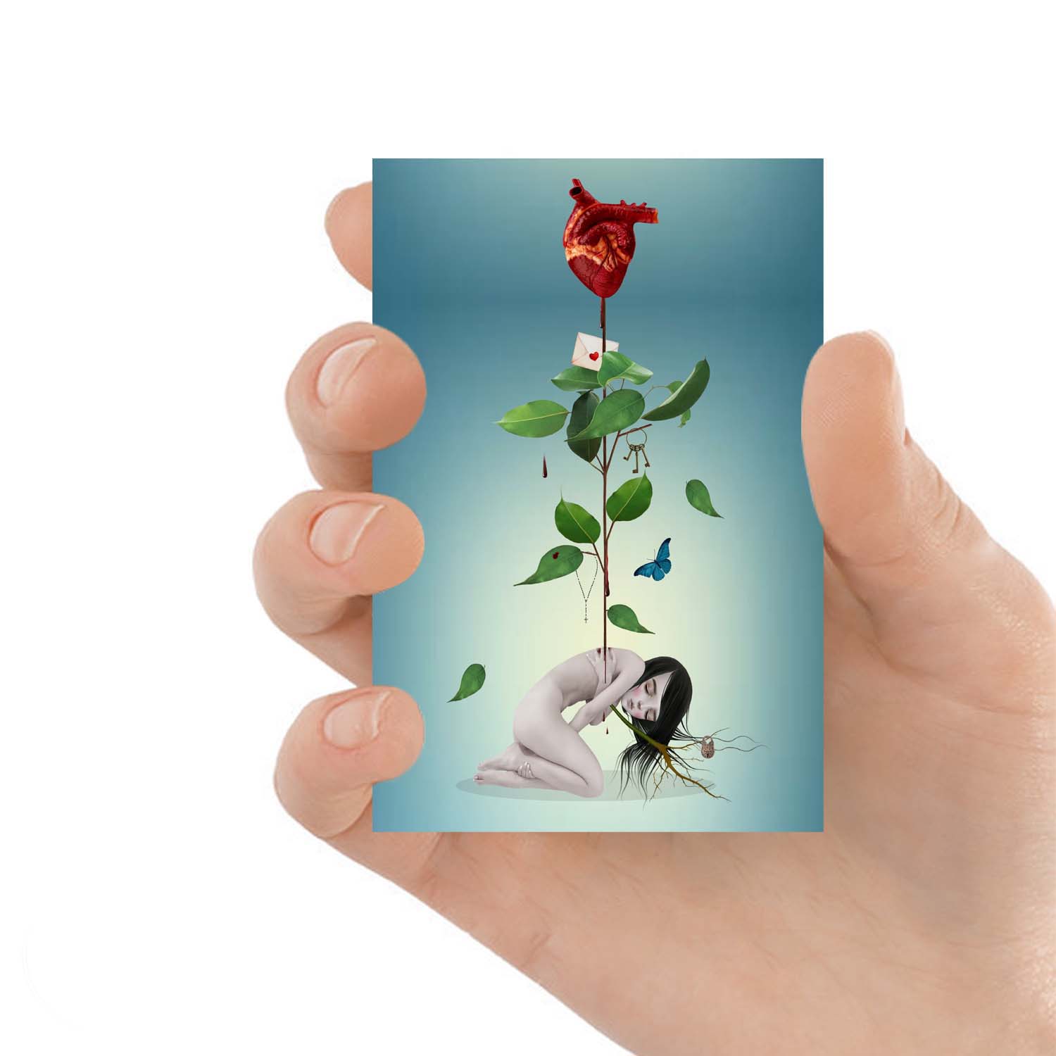surreal ACEO features a surreal depiction of a sad girl with a stem sprouting from her spine, creating an anatomical heart instead of a flower in bloom.