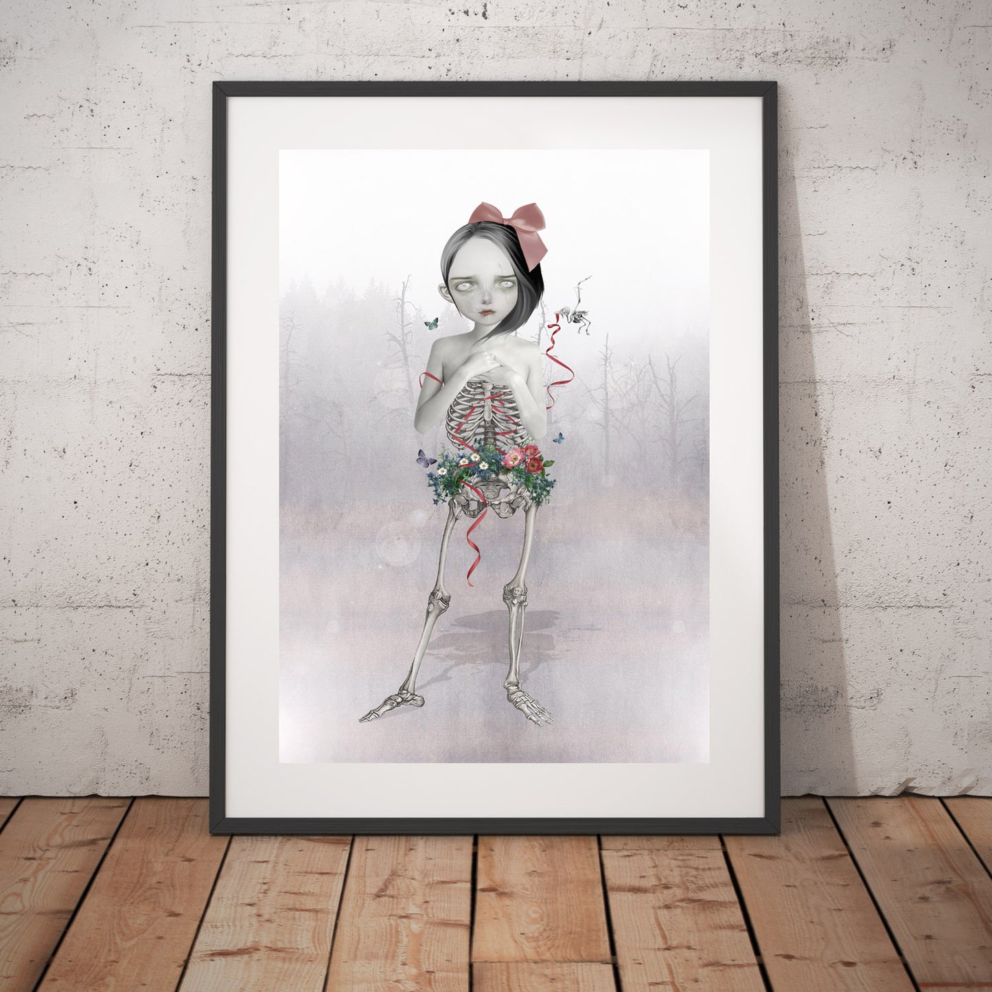 Sad Art Print is a skeleton girl from the waist down, the girl is a hauntingly beautiful skeleton, with wild flowers blooming around her pelvis.