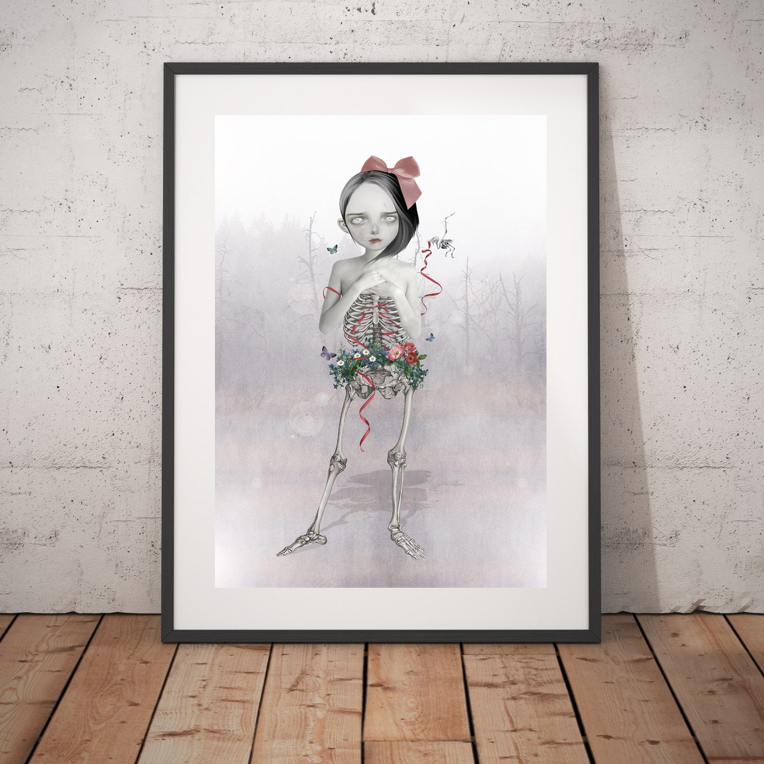 Sad Art Print is a skeleton girl from the waist down, the girl is a hauntingly beautiful skeleton, with wild flowers blooming around her pelvis.