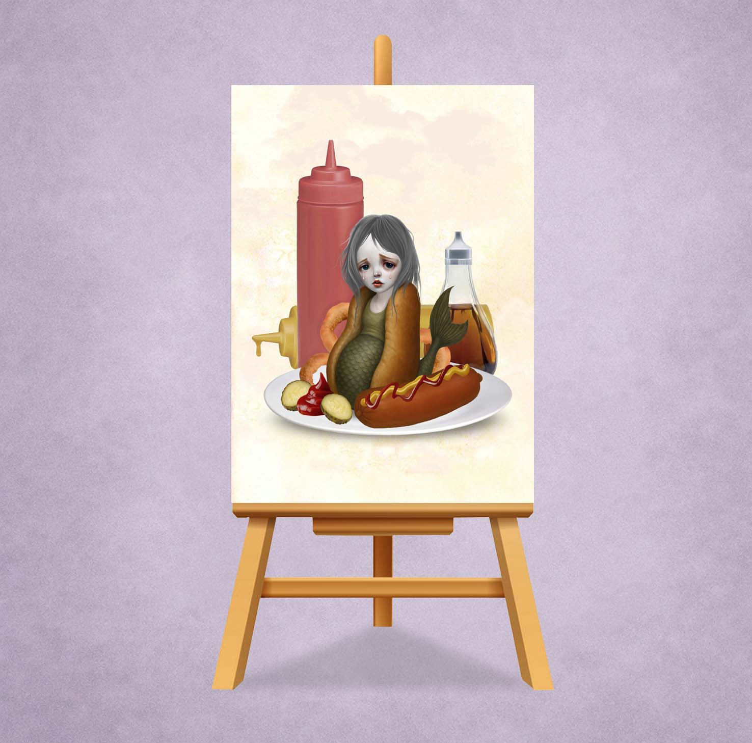 ACEO of a mermaid in a hot dog bun with condiments on an easel against a light purple background