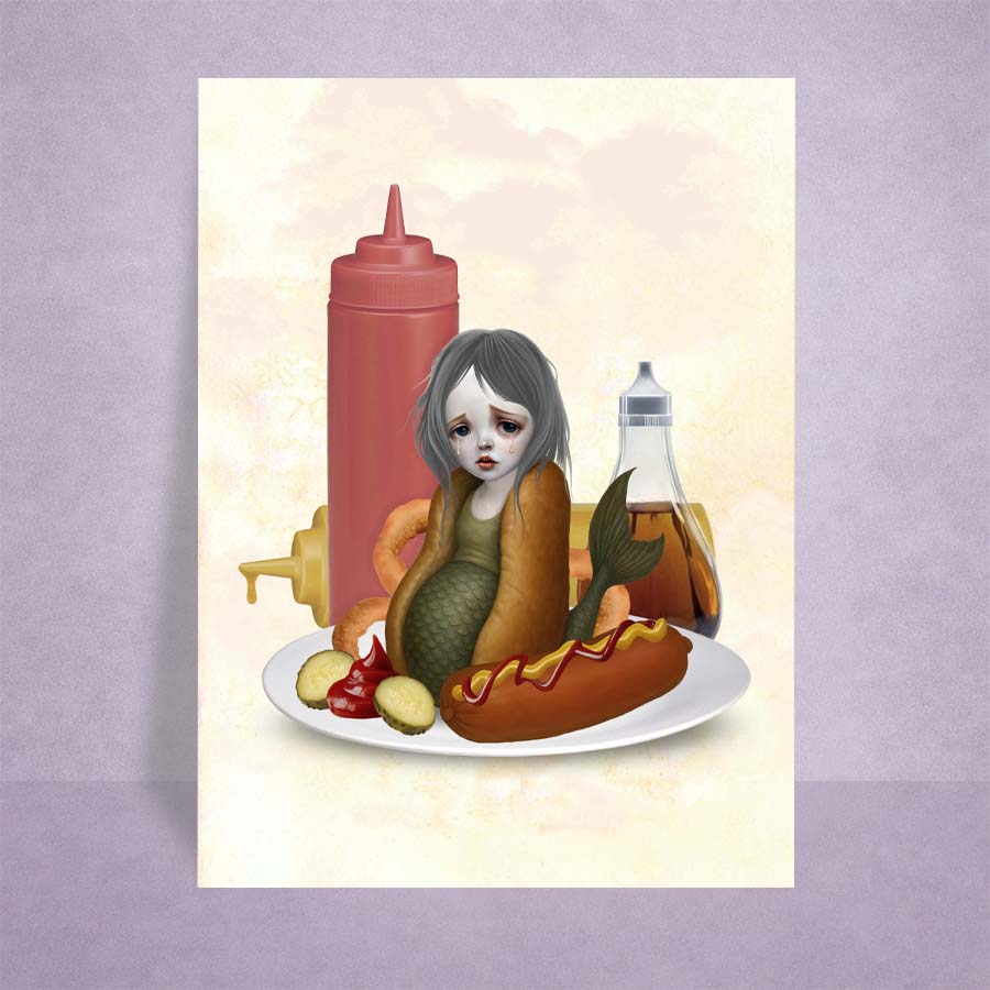 ACEO Illustration of a mermaid between a hot dog bun with mustard, ketchup, and a bottle of Tabasco on a diners plate.