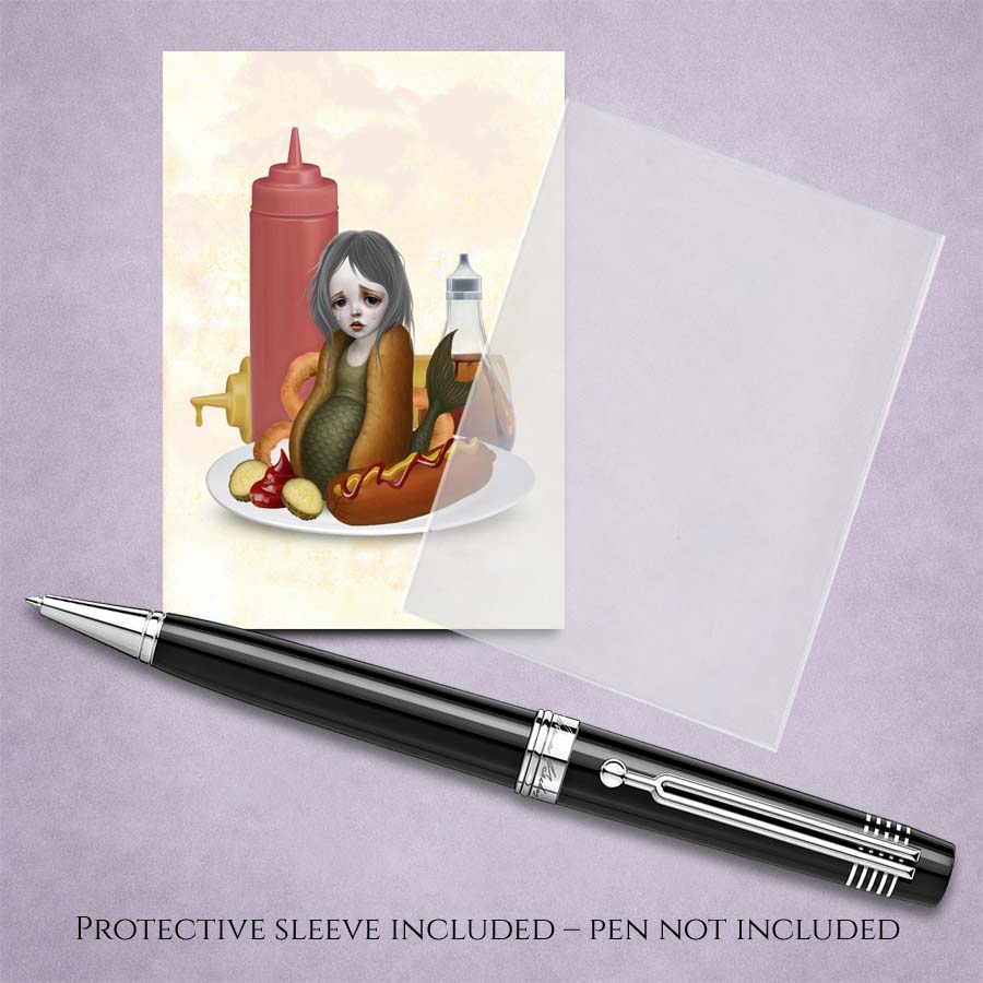 ACEO card with illustration of a sad mermaid on a diners plate with condiments. Pen, and protective sleeve on a purple background for display.