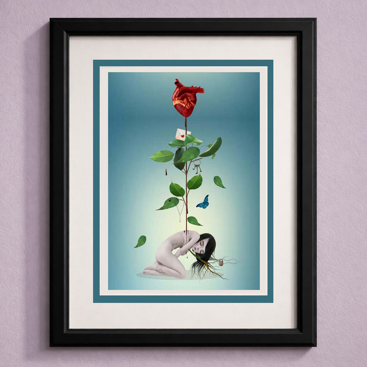Melancholy romance fairytale art print displayed inside a classic black matted picture frame hanging on a textured light purple wall.