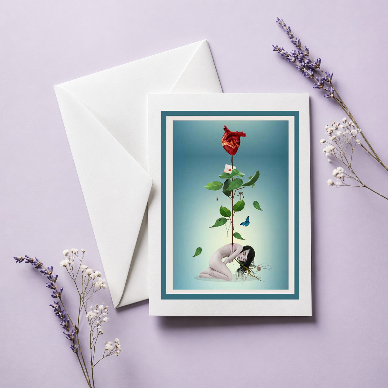 Greeting card with a girl and anatomical heart flower illustration on a purple background