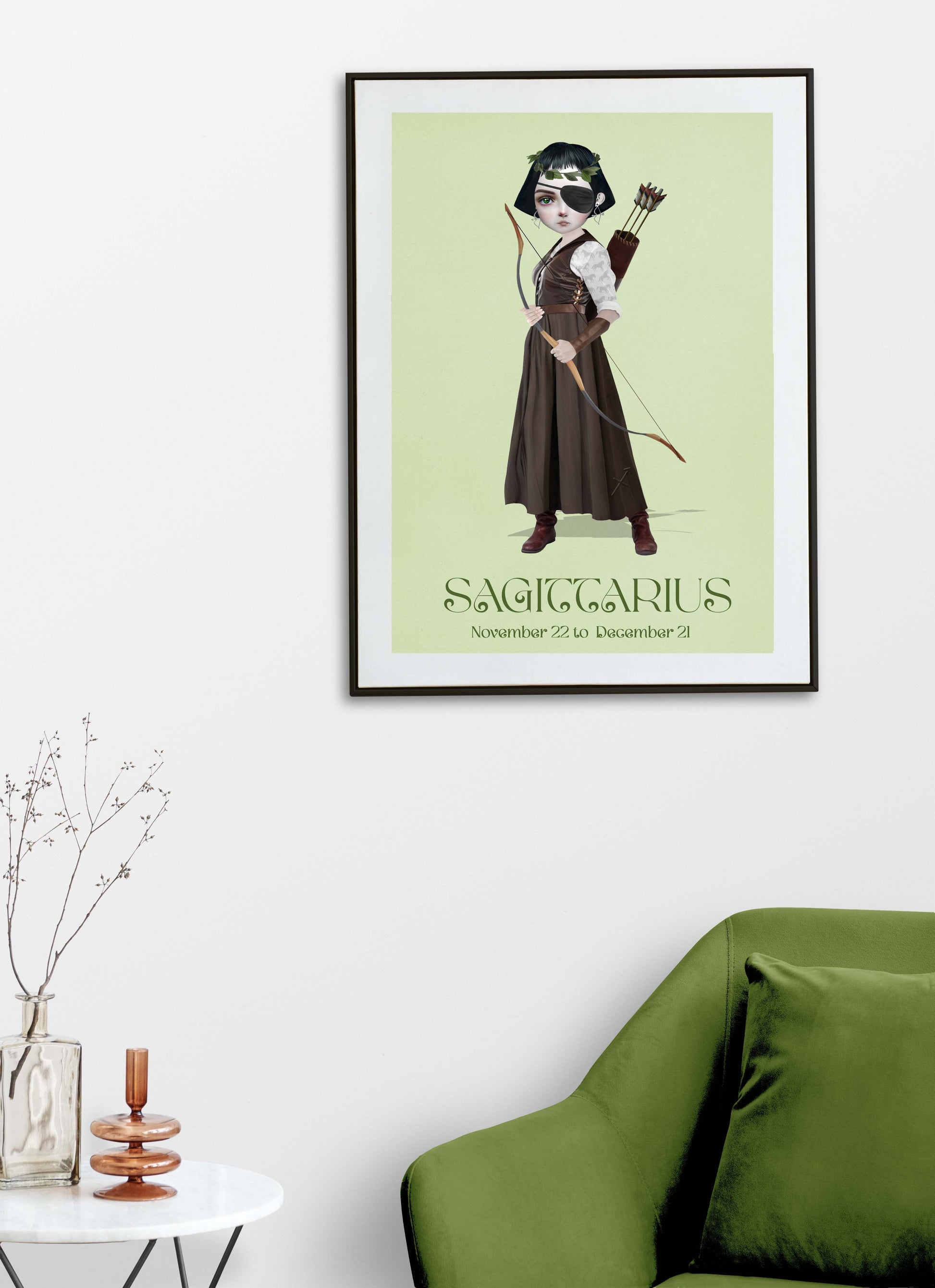 Sagittarius girl art print hanging on the wall of a modern living room. Perfect for adding a astrological touch to your home decor.