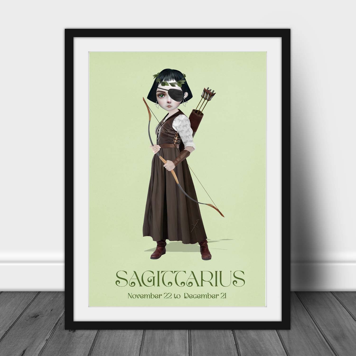 Star sign art print of a girl representing sagittarius, leaning against a wall, creating a gothic and eerie atmosphere with dark and surreal elements