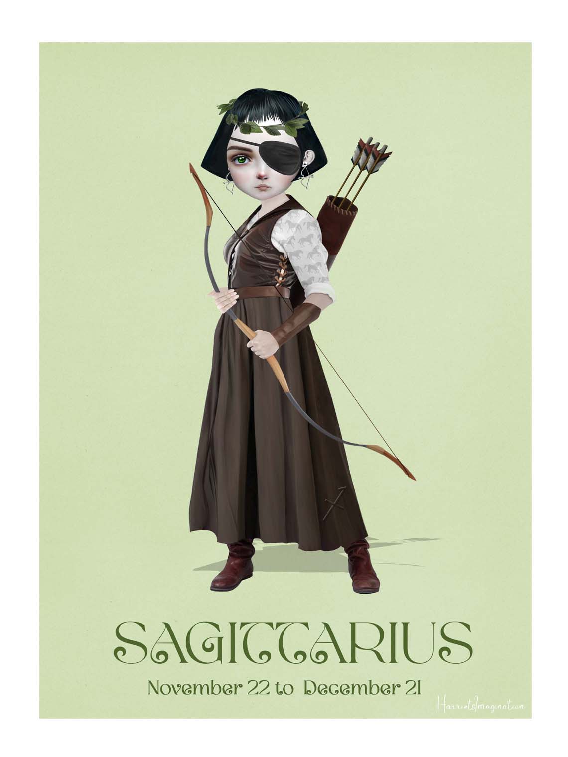 Star sign art print featuring a girl representing Sagittarius, displayed without a frame.