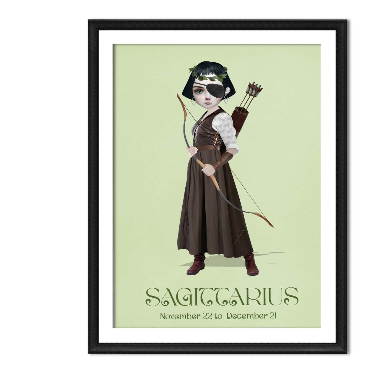 Sagittarius Girl art print in a sleek frame, set against a white background.